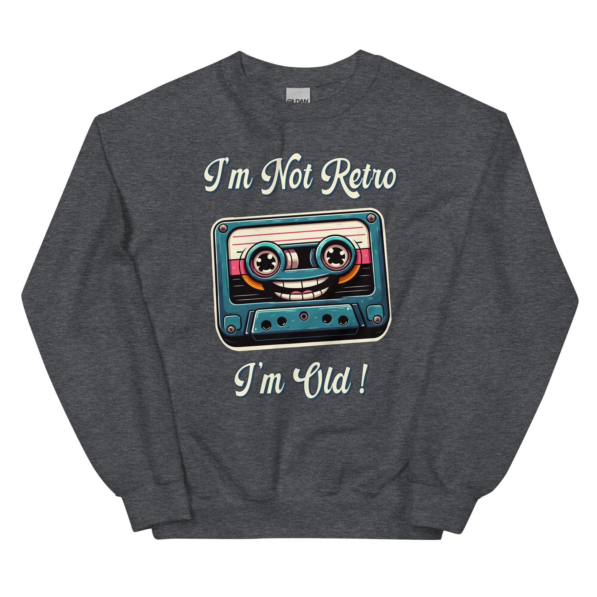 I'm not retro I'm old with picture of a cassette tape smiling printed crewneck by Whistler Shirts