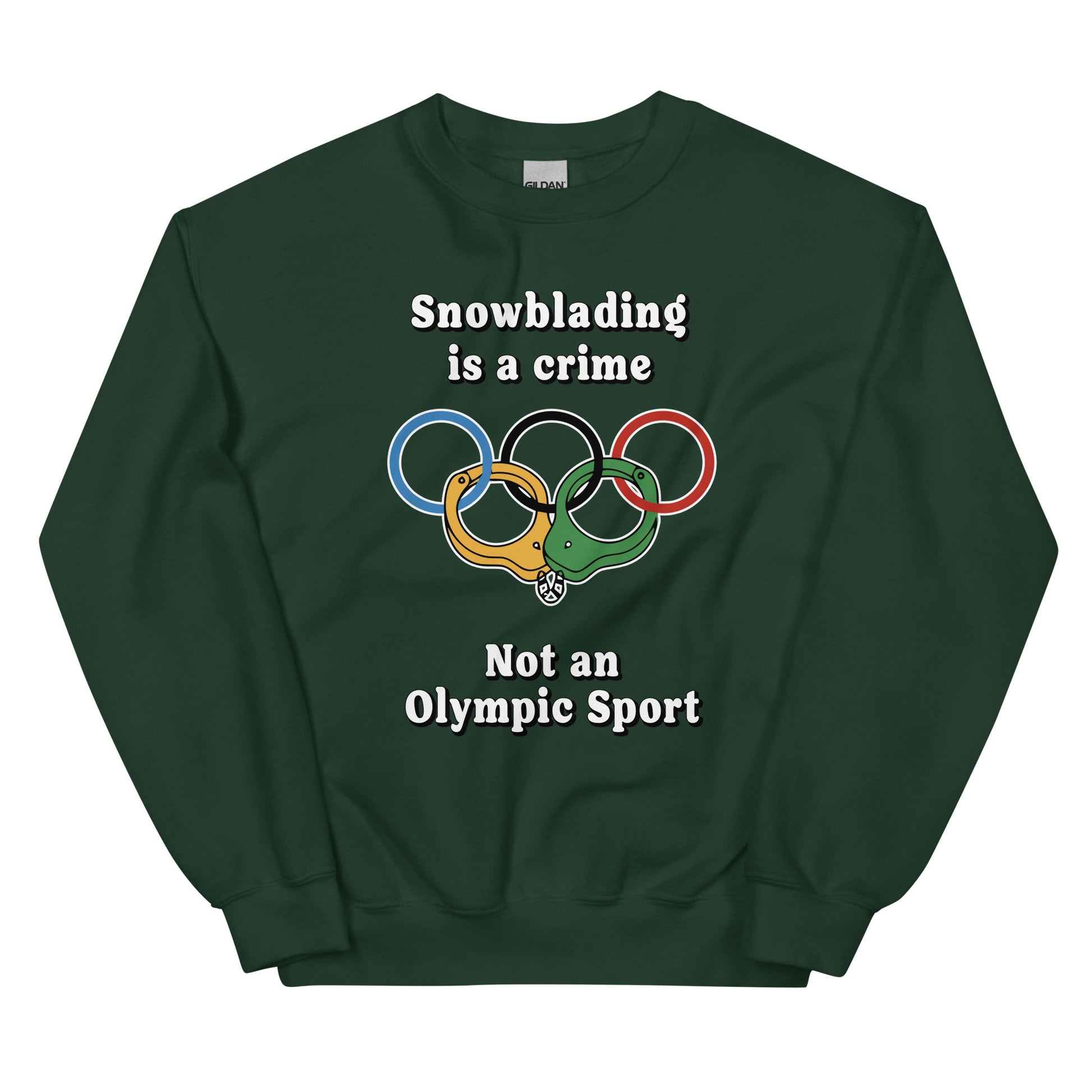 Snowblading is a crime, not an olympic sport design printed on a crewneck sweatshirt by Whistler Shirts