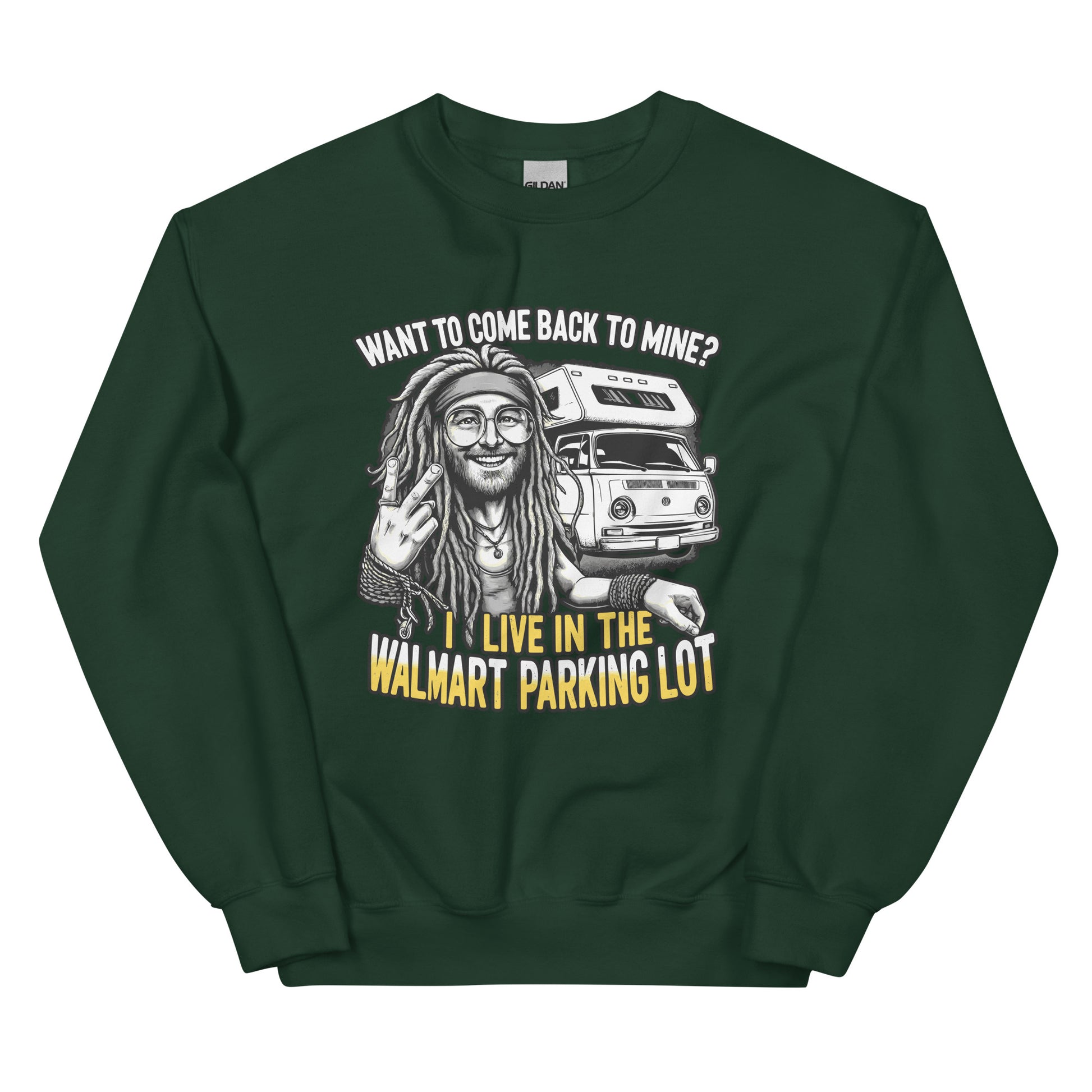 Want to come back to mine I live in the Walmart parking lot with man with dreads and camper van design printed on crewneck sweatshirt by whistler shirts