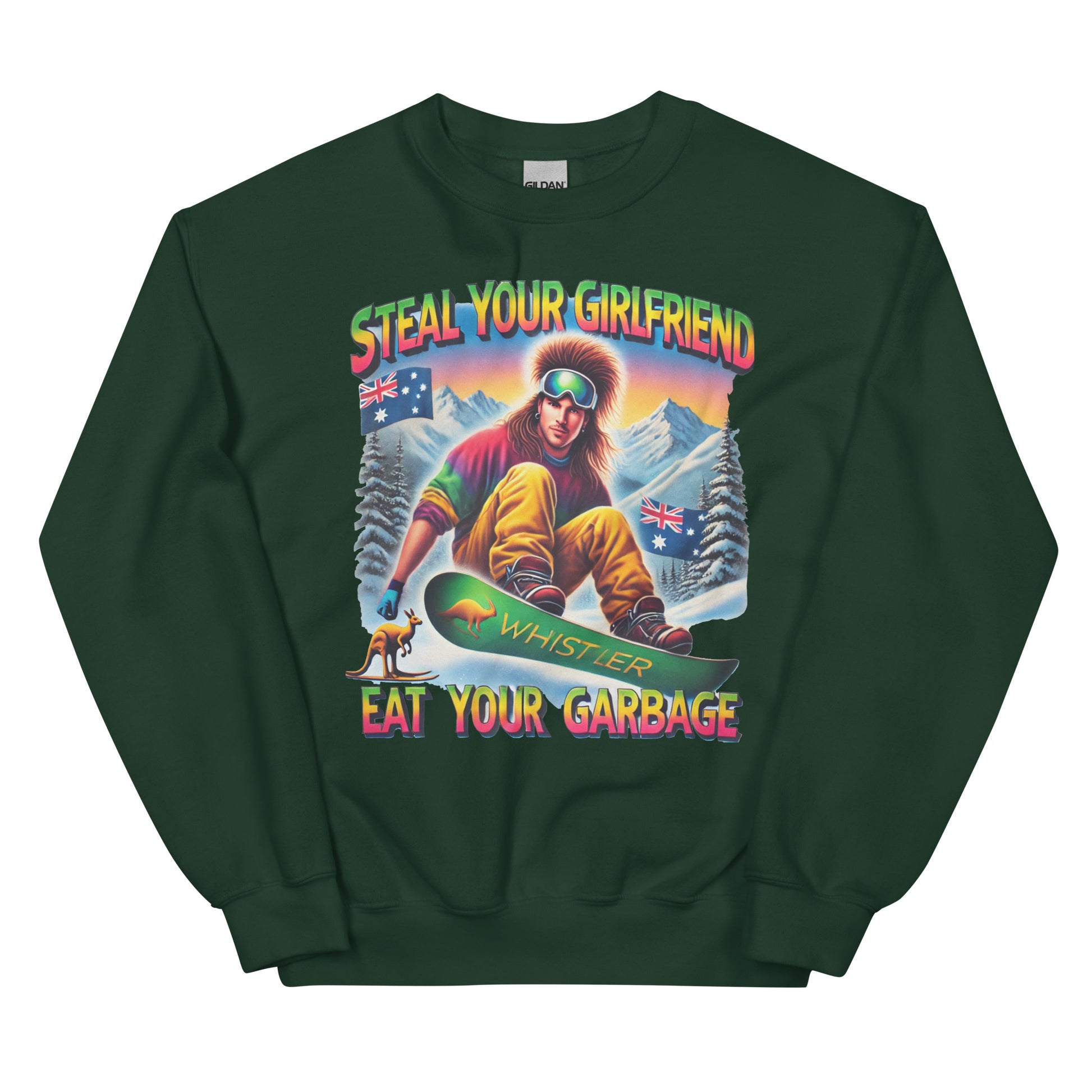 Steal your girlfriend eat your garbage with a man snowboarding and Australian flags and kangaroos design printed on a crewneck sweatshirt by whistler shirts