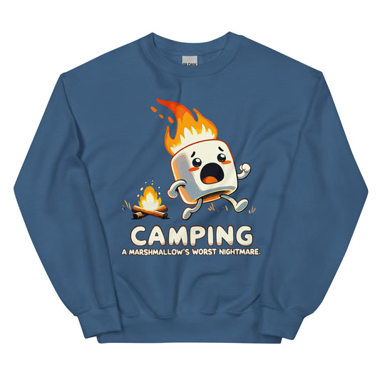 Camping a marshmellows worst nightmare printed on crewneck with a marshmellow on fire running away from a campfire, by Whistler Shirts