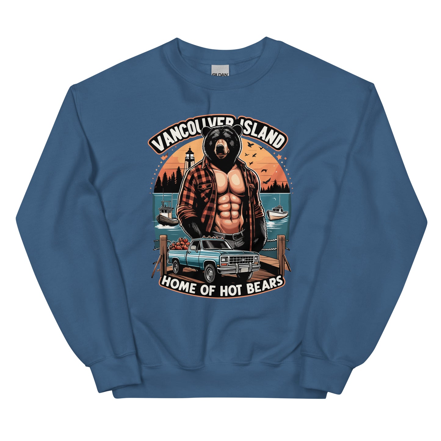 Vancouver Island Home of Bears print with a shirtless man with a bear head with a truck by the dock on the ocean printed on a crewneck sweatshirt by Whistler Shirts