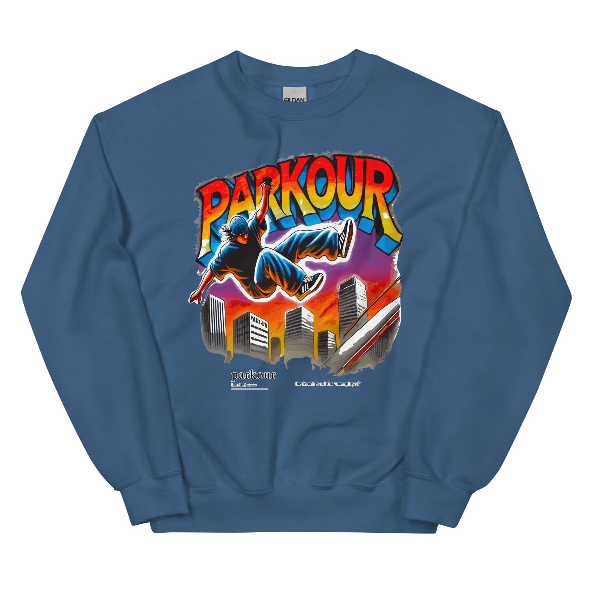 Parkour is French for unemployment design printed on a crewneck sweatshirt by Whistler Shirts