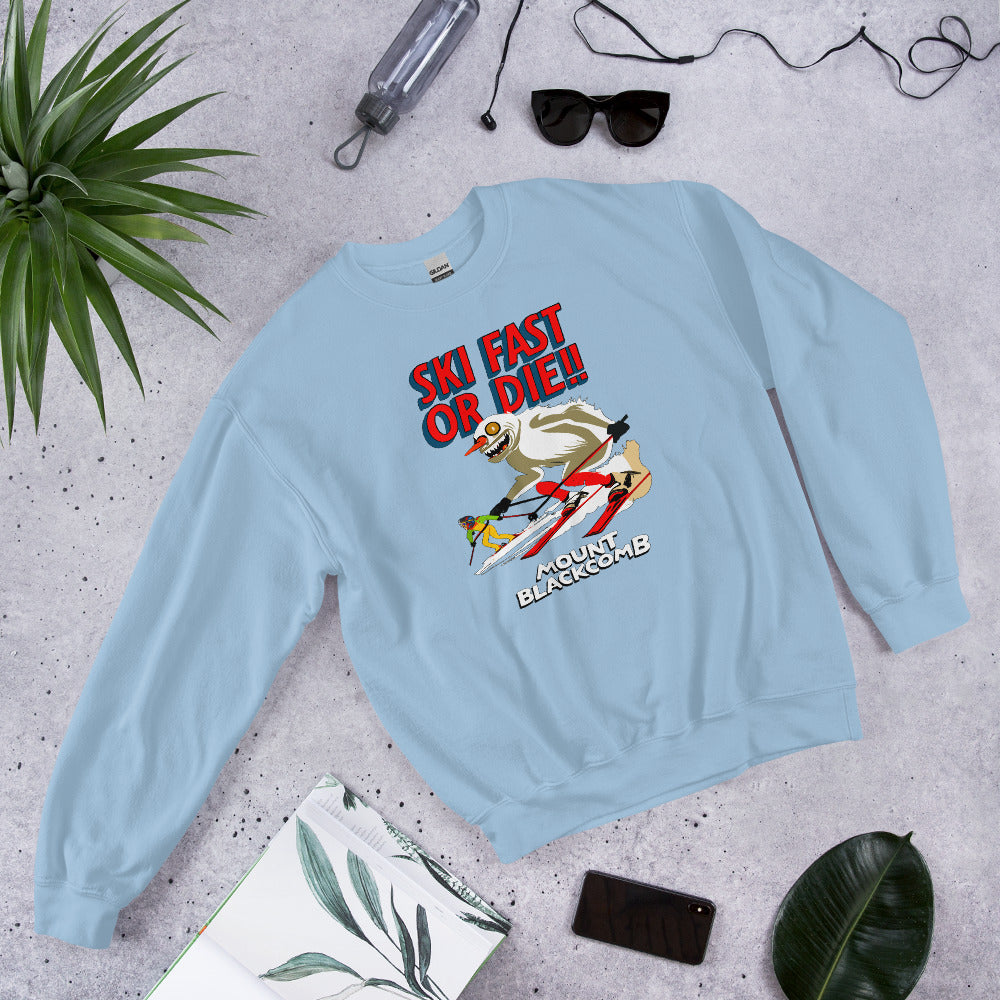 Ski fast or die yeti skiing mount blackcomb crewneck sweatshirt printed by Whistler Shirts