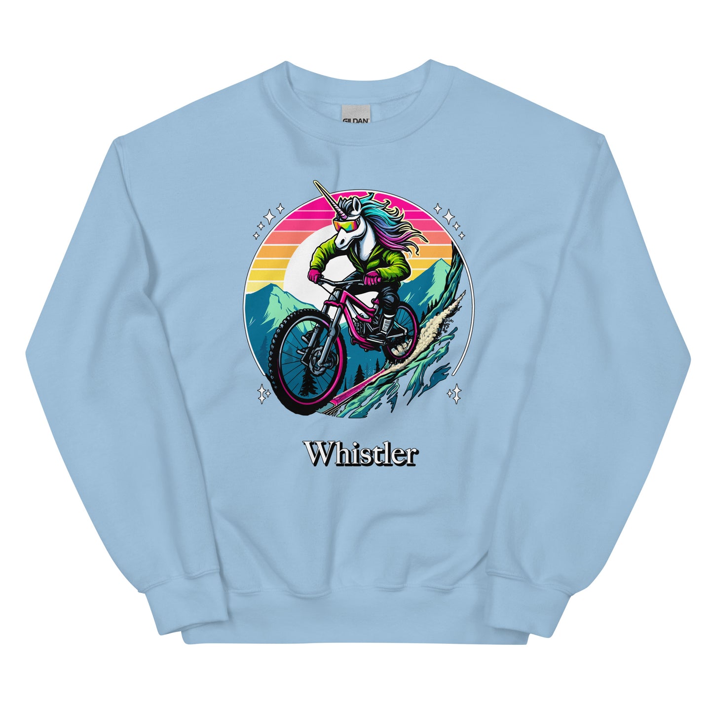 Whistler Unicorn Rainbow Mountain Biking printed crewneck by Whistler Shirts