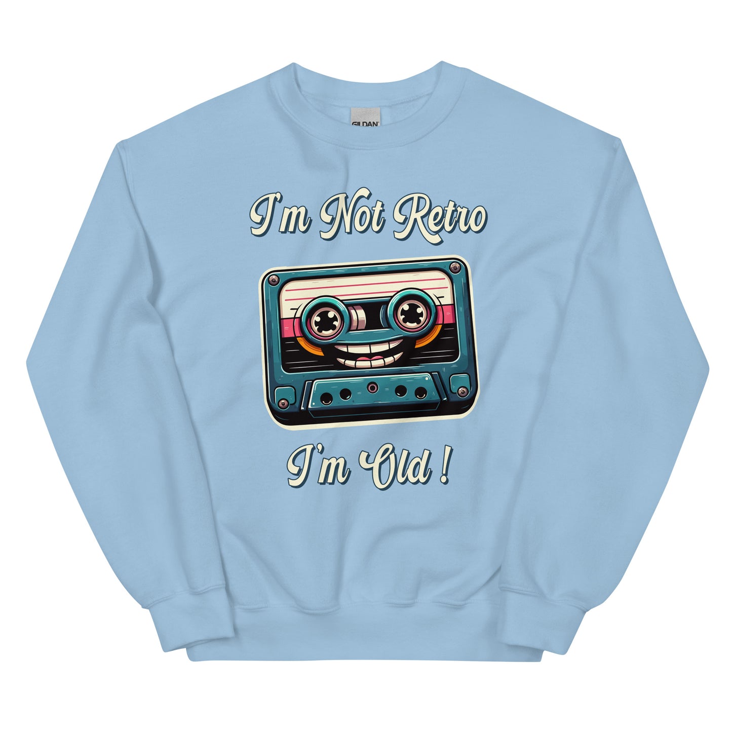 I'm not retro I'm old with picture of a cassette tape smiling printed crewneck by Whistler Shirts