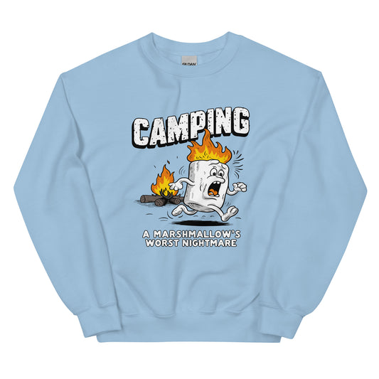 Camping a marshmellow's worst nightmare printed crewneck sweatshirt by Whistler Shirt with marshmellow running away from fire