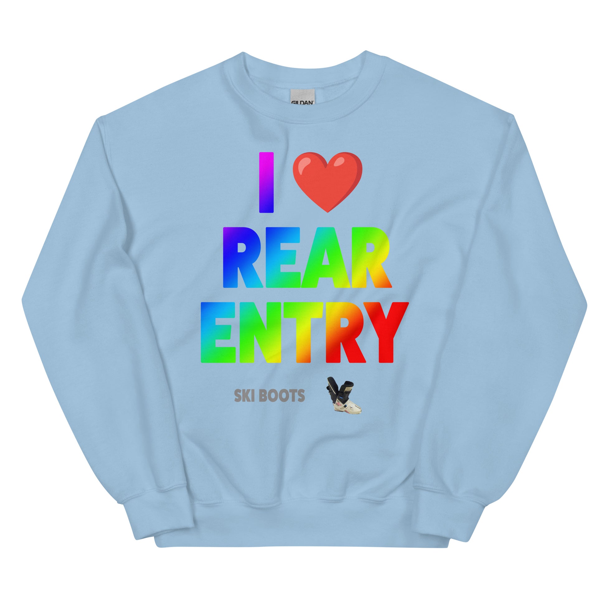 I Love Rear Entry Ski Boots design printed on Crewneck Sweatshirt by Whistler Shirts