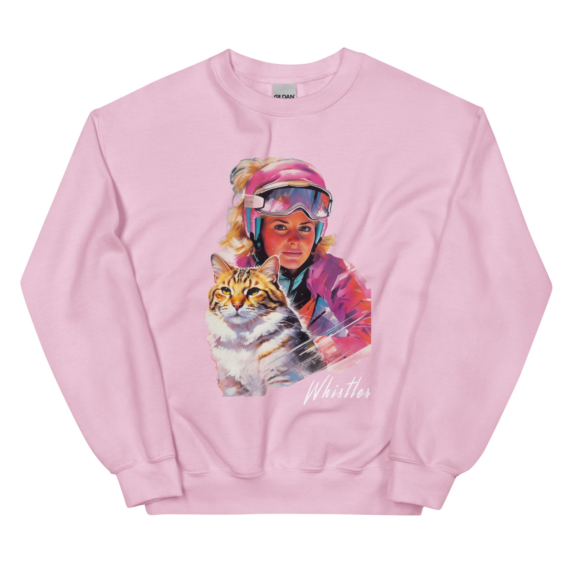 Whistler lady and her cat skiing screen printed crewneck