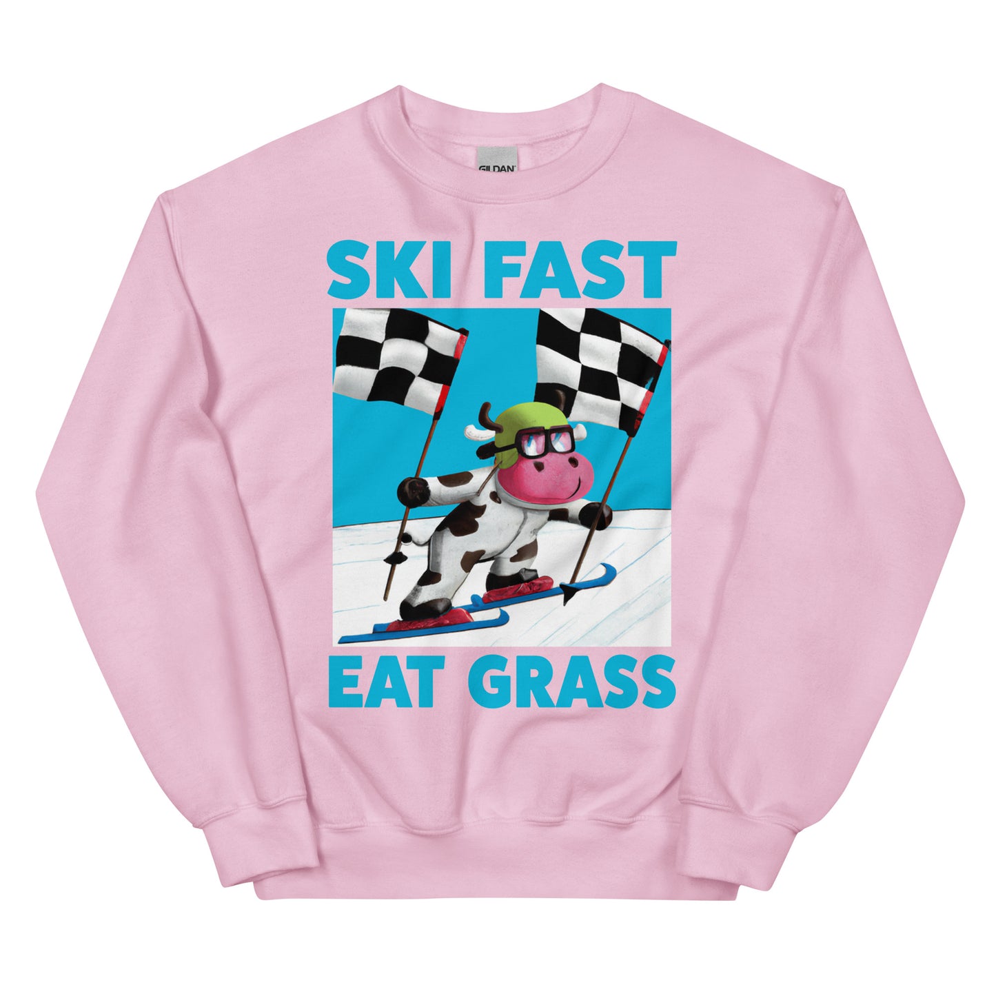 Ski fast eat grass cow skiing screen printed crewneck sweatshirt