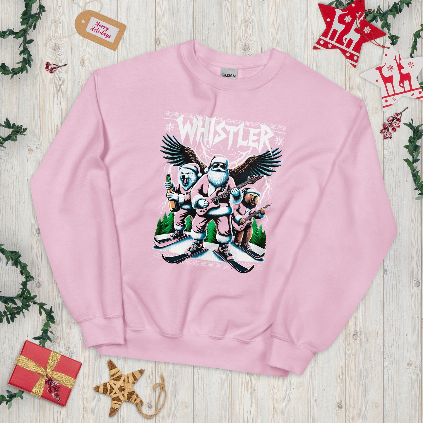 Santa skiing with electric guitar in Whistler ugly christmas sweater, printed by Whistler Shirts