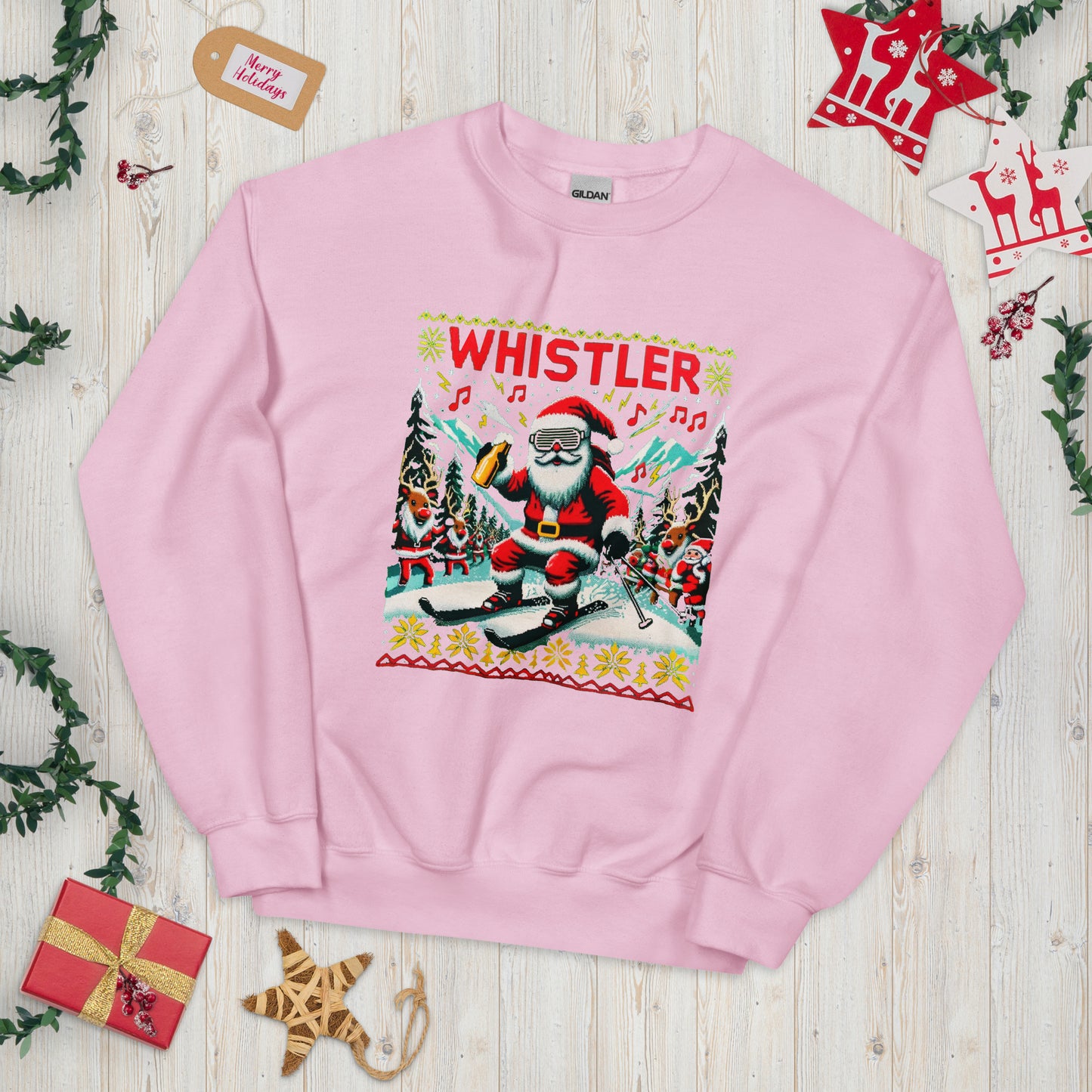Santa Skiing drinking beer with reindeer christmas print in Whistler, printed sweater by Whistler Shirts