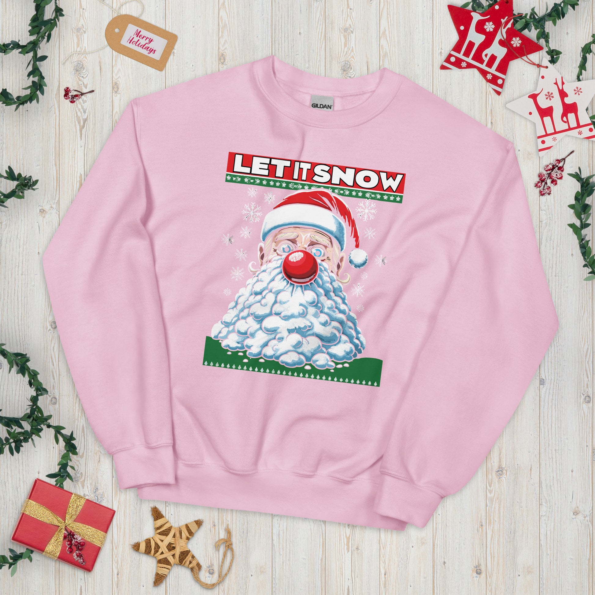 Santa with snow in his face saying let is snow printed ugly christmas sweater by Whistler Shirts