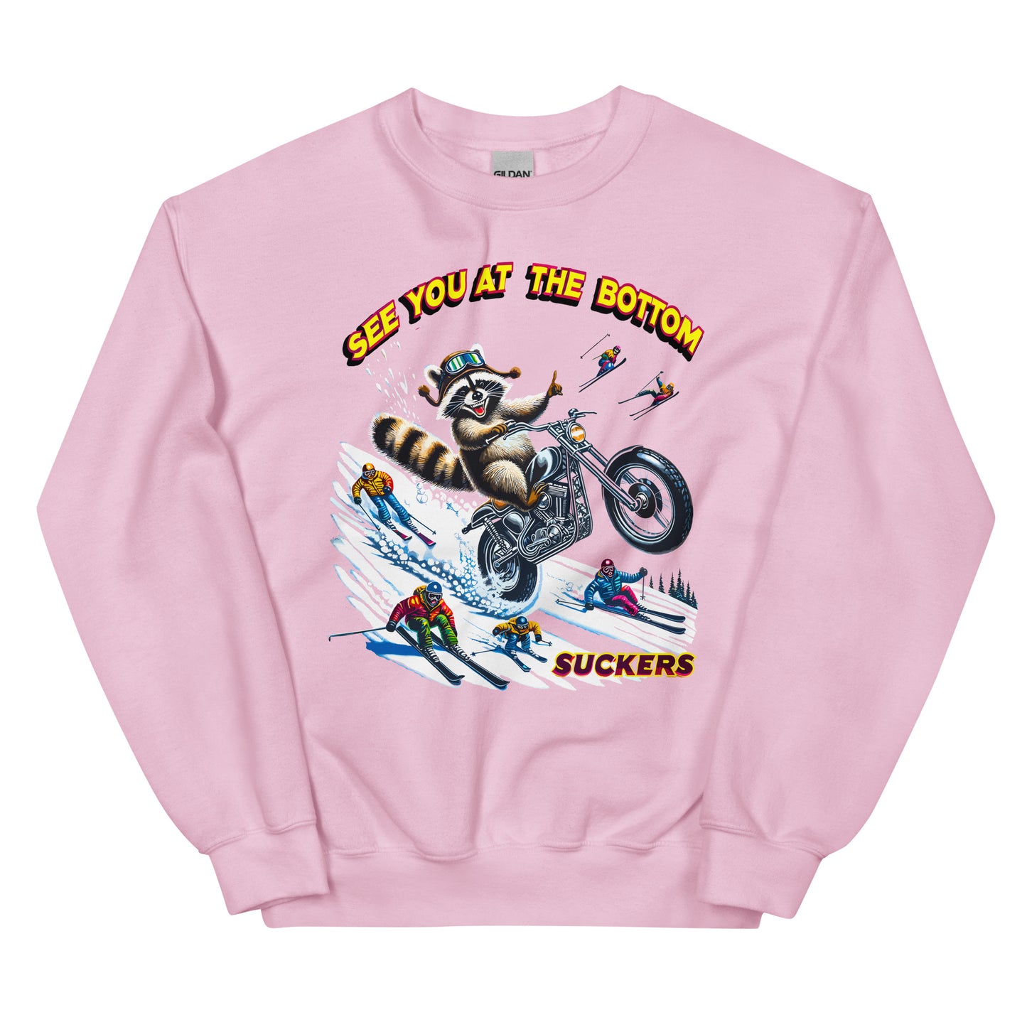 See you at the bottom suckers, racoon biking down the mountain printed crewneck sweatshirt by Whistler Shirts
