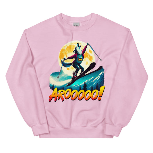 AROOO! Wolf doing a ski jump in front of a full moon printed on a crewneck sweatshirt by Whistler Shirts