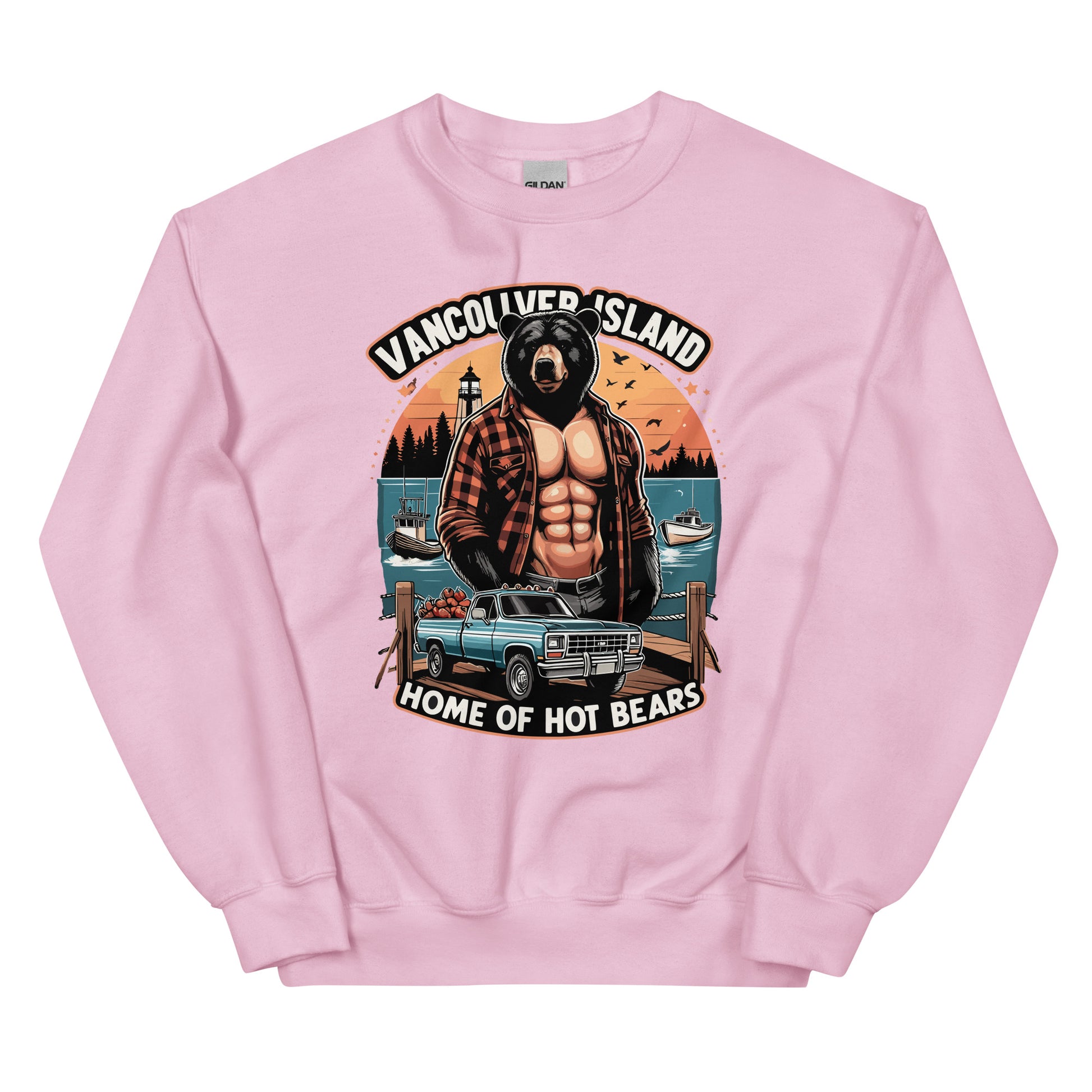 Vancouver Island Home of Bears print with a shirtless man with a bear head with a truck by the dock on the ocean printed on a crewneck sweatshirt by Whistler Shirts