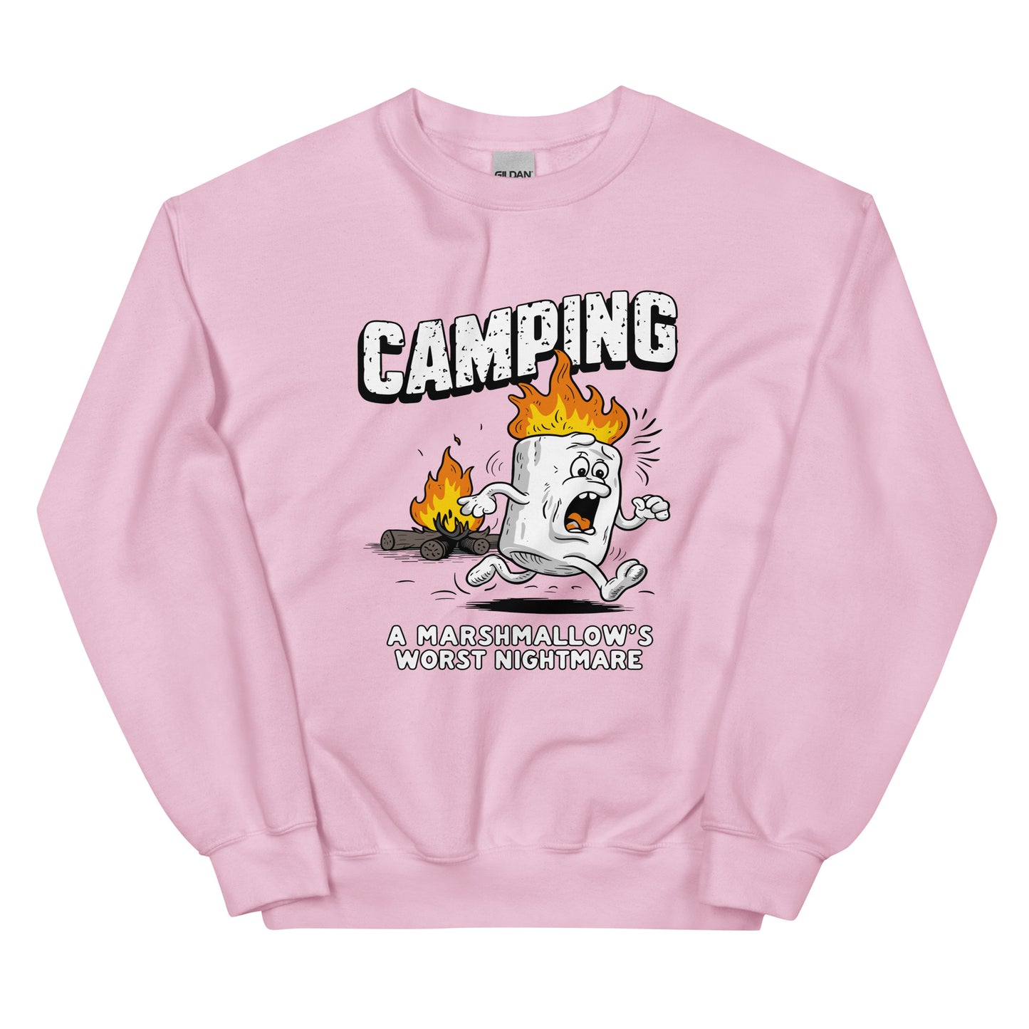 Camping a marshmellow's worst nightmare printed crewneck sweatshirt by Whistler Shirt with marshmellow running away from fire