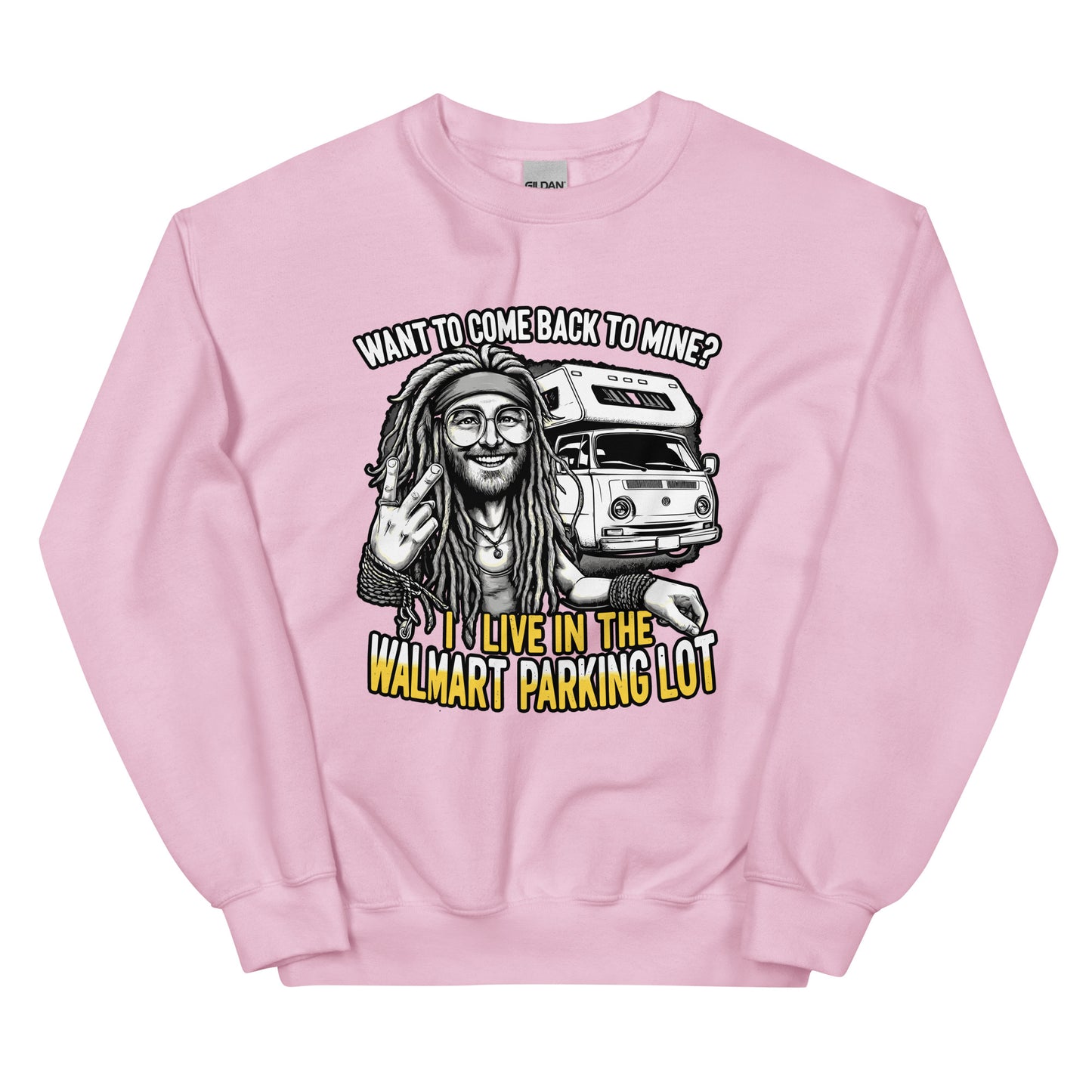 Want to come back to mine I live in the Walmart parking lot with man with dreads and camper van design printed on crewneck sweatshirt by whistler shirts