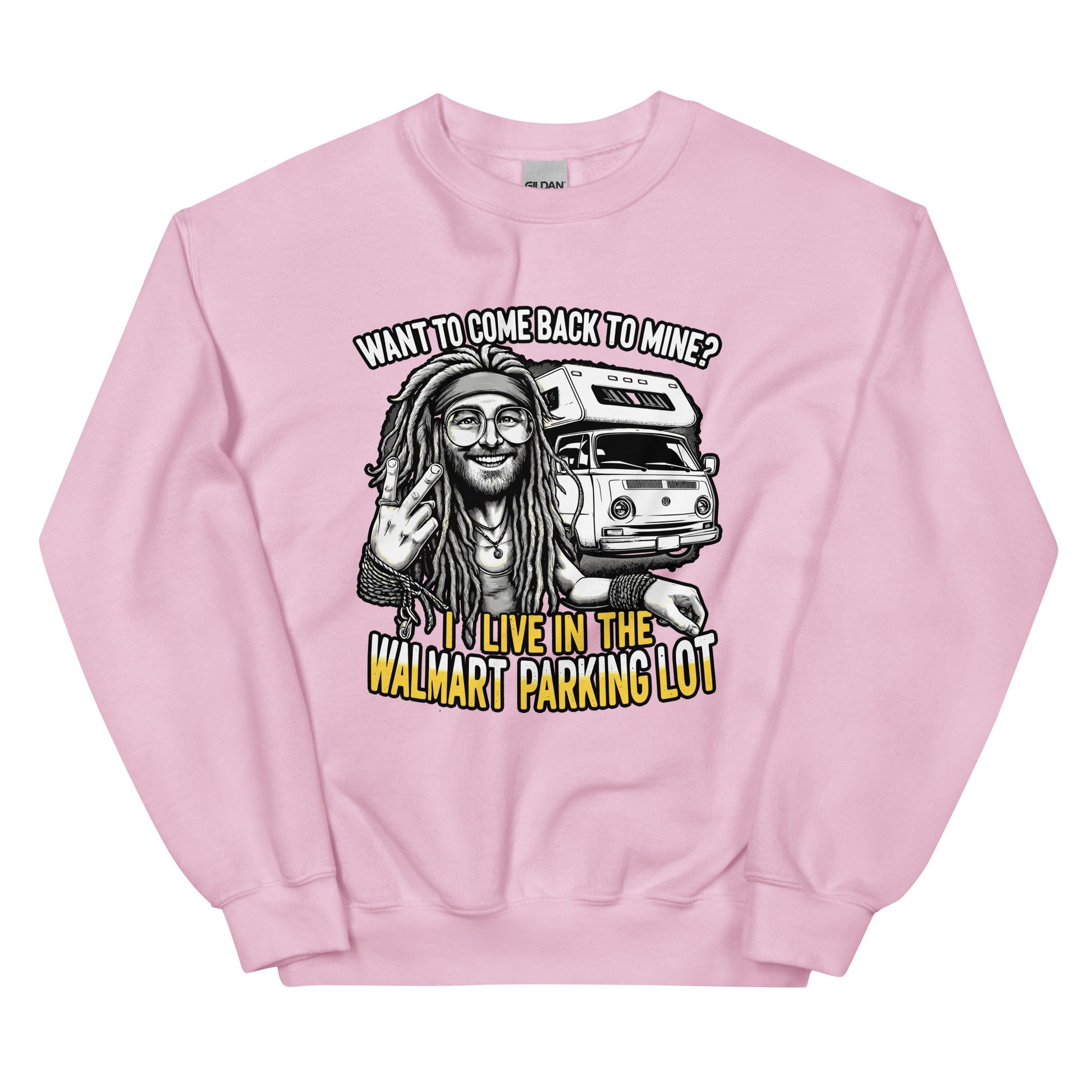 Want to come back to mine I live in the Walmart parking lot with man with dreads and camper van design printed on crewneck sweatshirt by whistler shirts