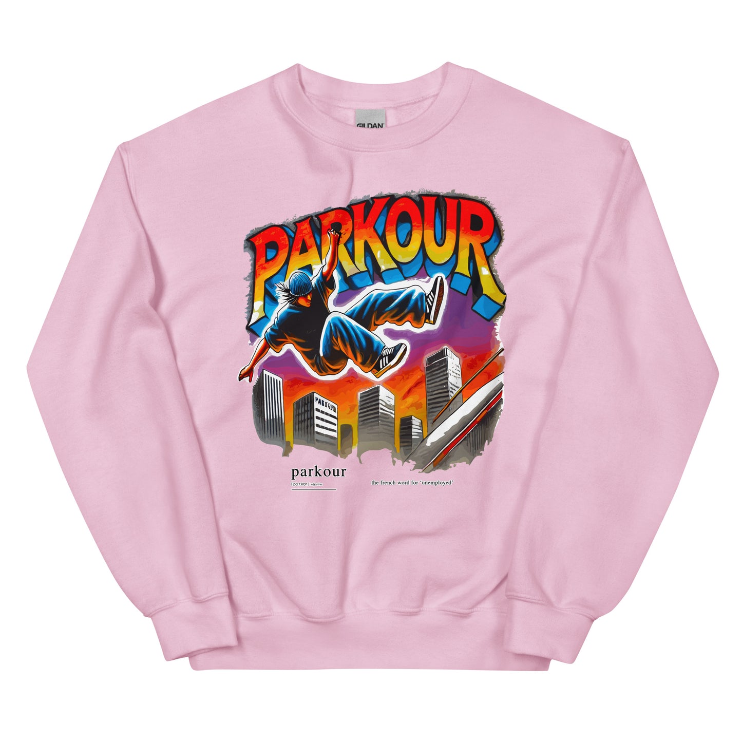 Parkour is French for unemployment design printed on a crewneck sweatshirt by Whistler Shirts