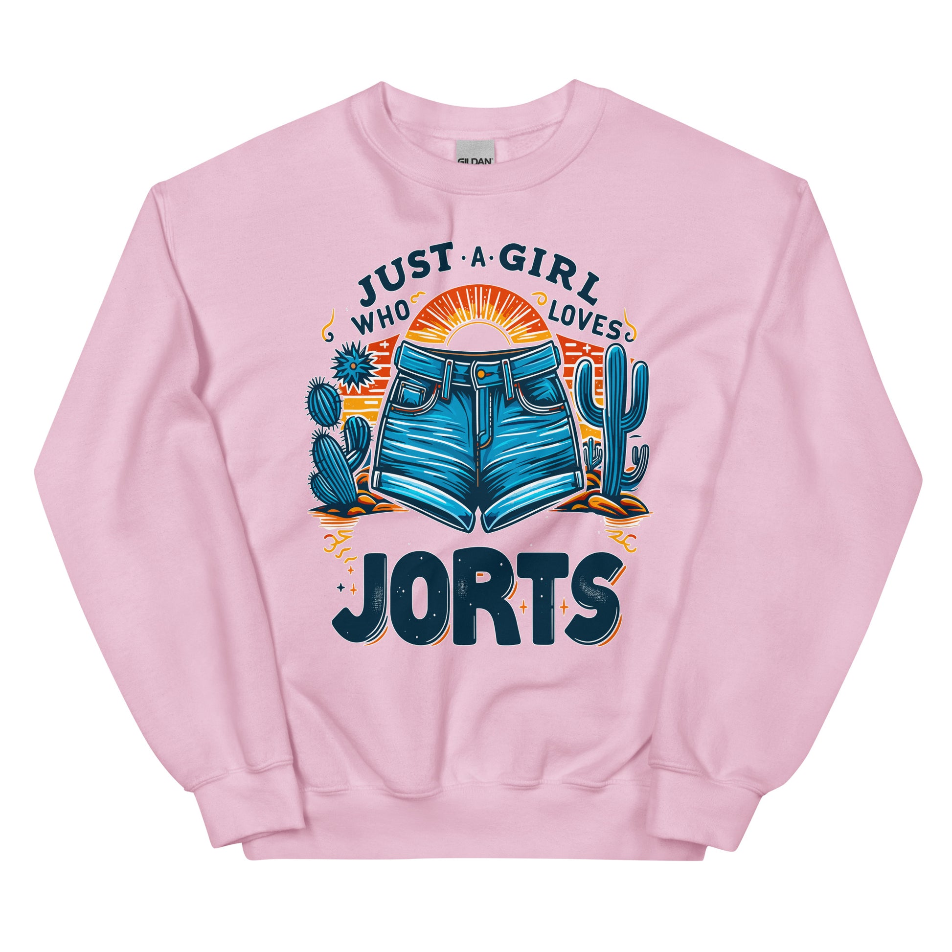 Just A Girl Who Loves Jorts design with a picture of jean shorts and cactus printed on a crewneck sweatshirt by Whistler Shirts