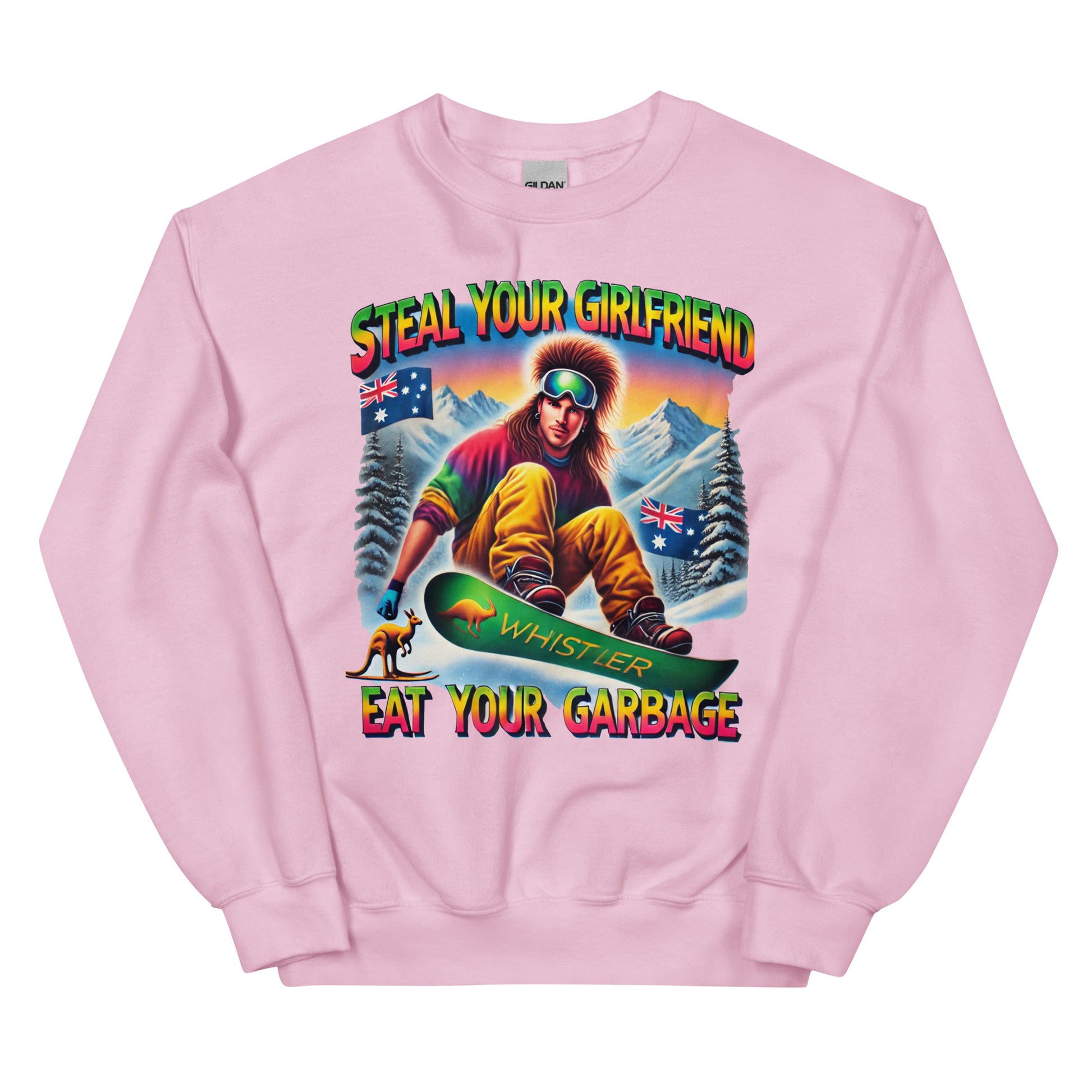 Steal your girlfriend eat your garbage with a man snowboarding and Australian flags and kangaroos design printed on a crewneck sweatshirt by whistler shirts