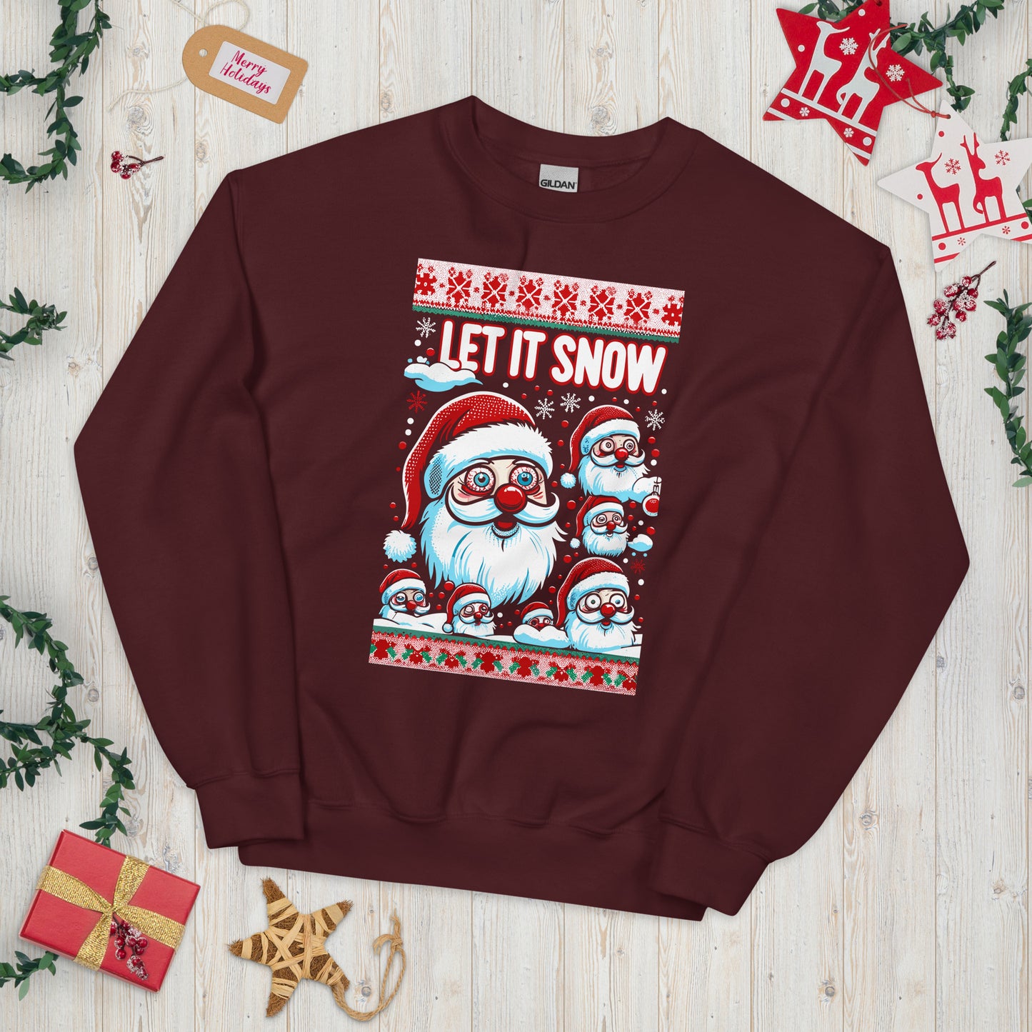 Santa has the crazy eyes, let it snow printed ugly christmas sweater by Whistler Shirts