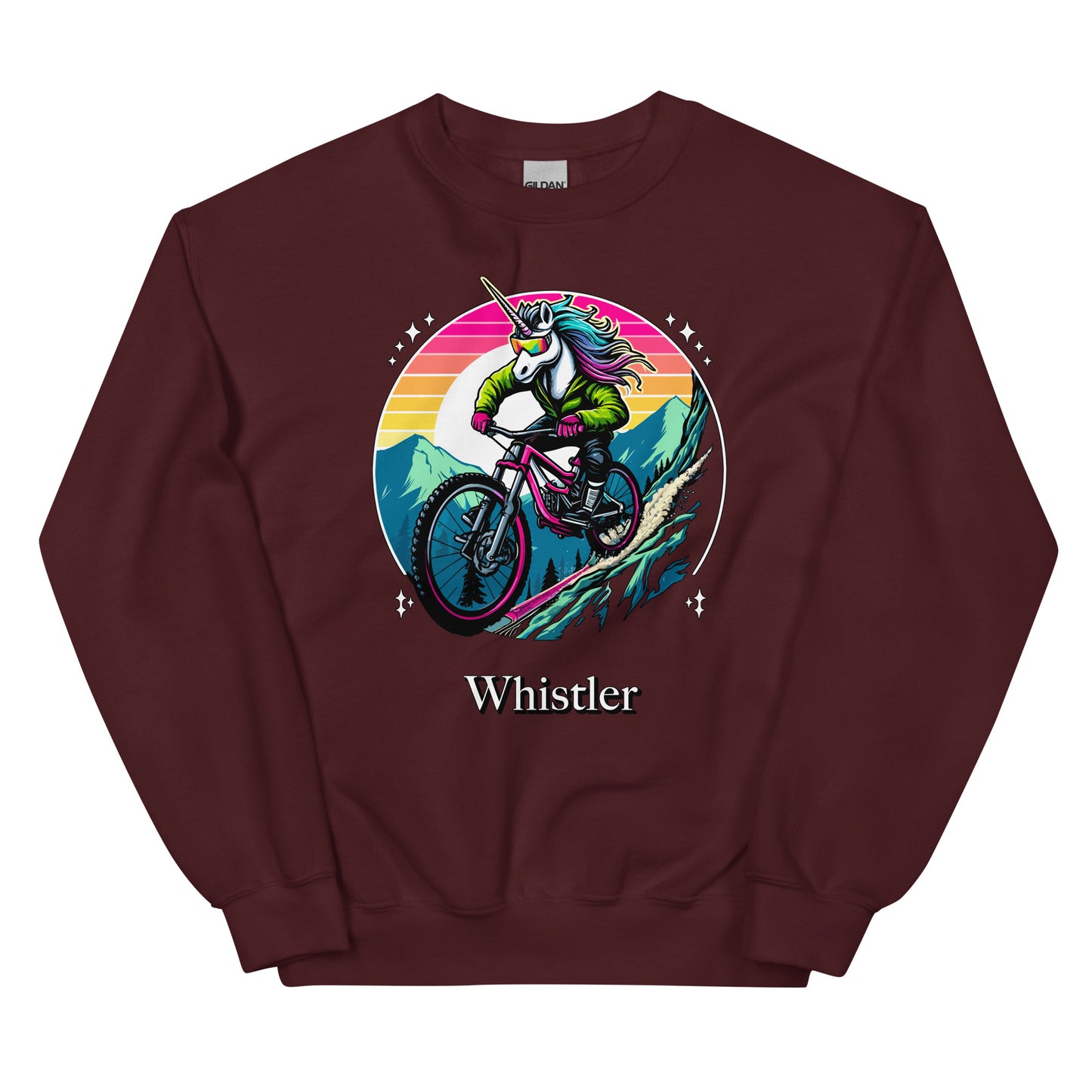 Whistler Unicorn Rainbow Mountain Biking printed crewneck by Whistler Shirts