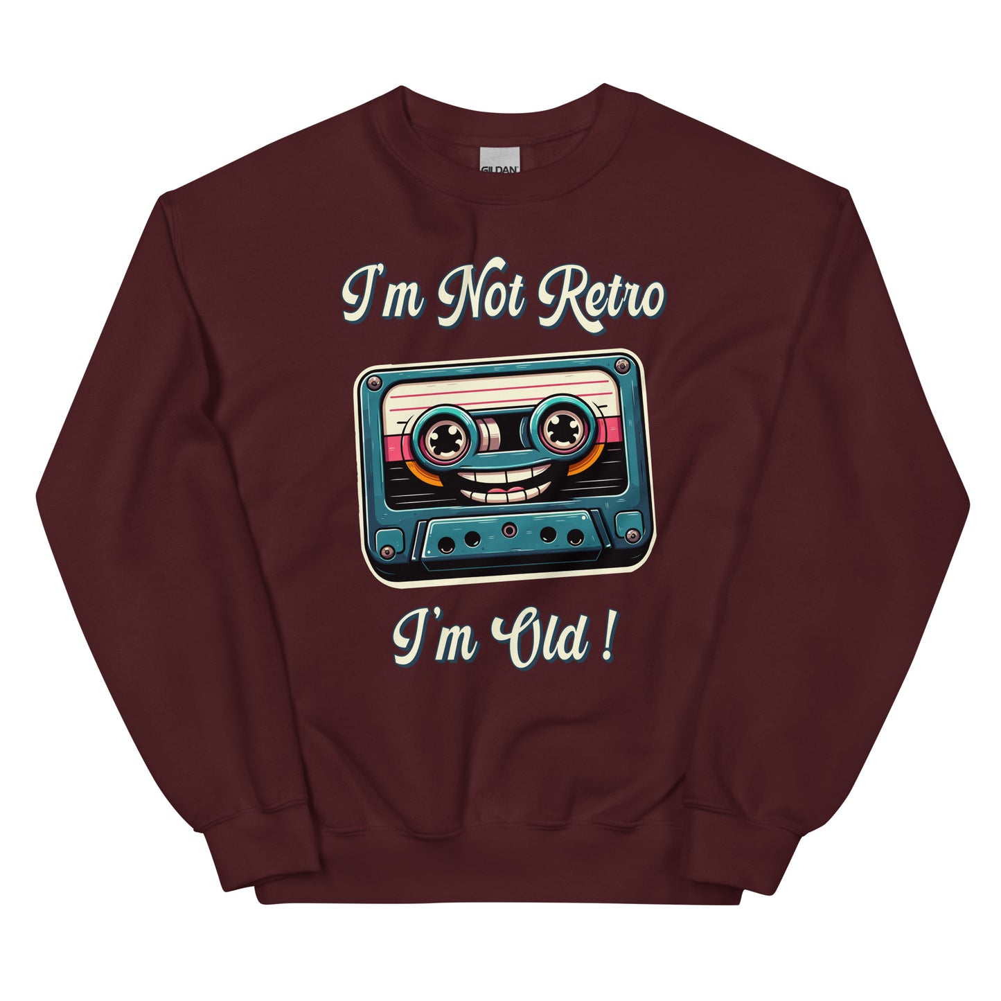 I'm not retro I'm old with picture of a cassette tape smiling printed crewneck by Whistler Shirts