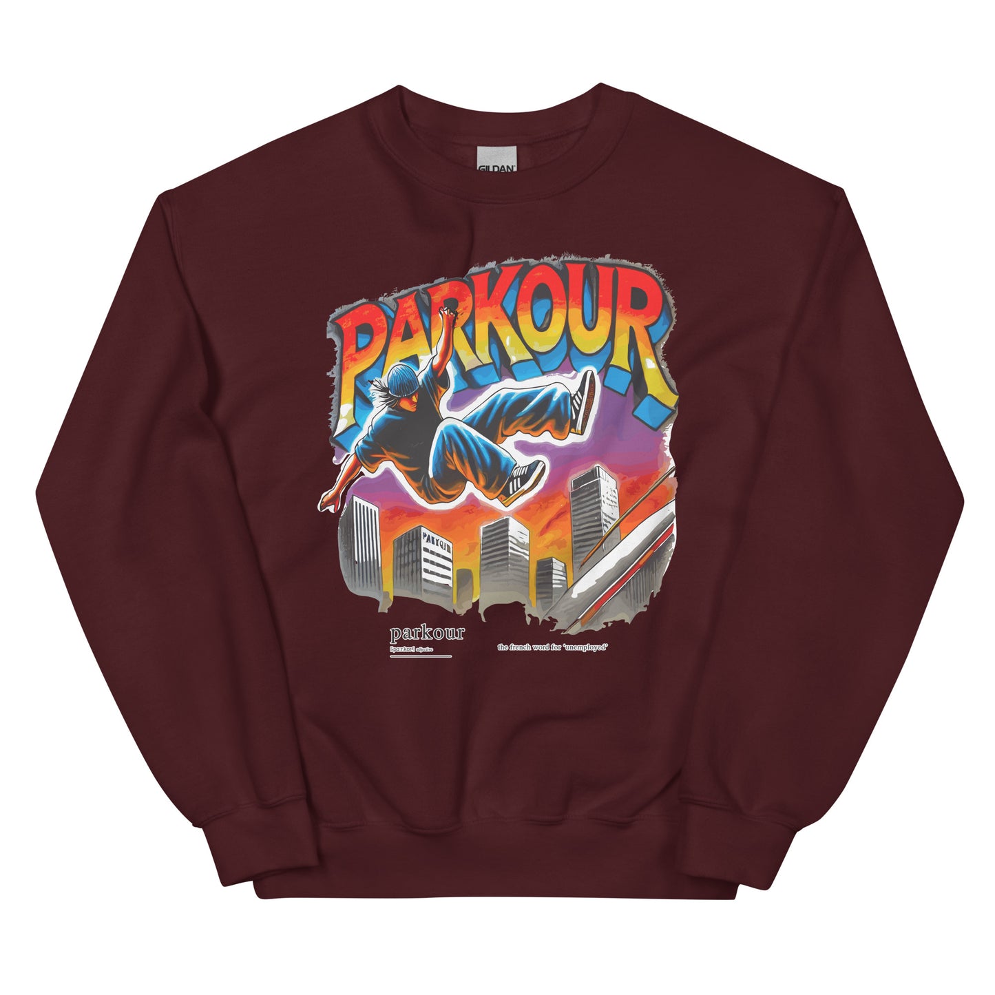 Parkour is French for unemployment design printed on a crewneck sweatshirt by Whistler Shirts