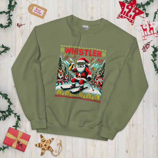 Santa Skiing drinking beer with reindeer christmas print in Whistler, printed sweater by Whistler Shirts