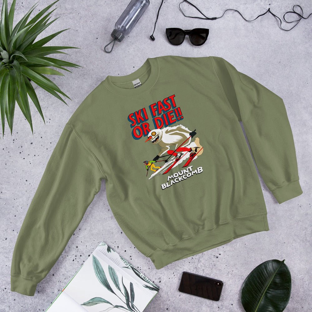 Ski fast or die yeti skiing mount blackcomb crewneck sweatshirt printed by Whistler Shirts