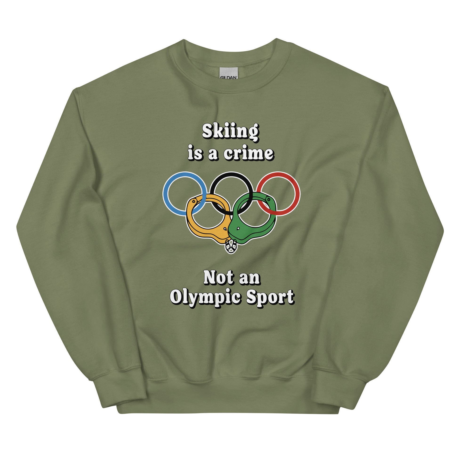 Skiing is a crime not an olympic sport design printed on a crewneck sweatshirt by Whistler Shirts