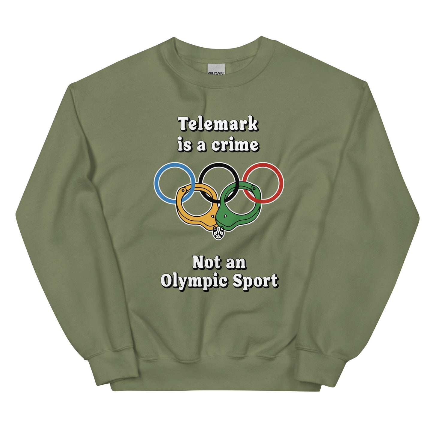 Telemark is a crime not an olympic sport design printed on a crewneck sweatshirt by Whistler Shirts