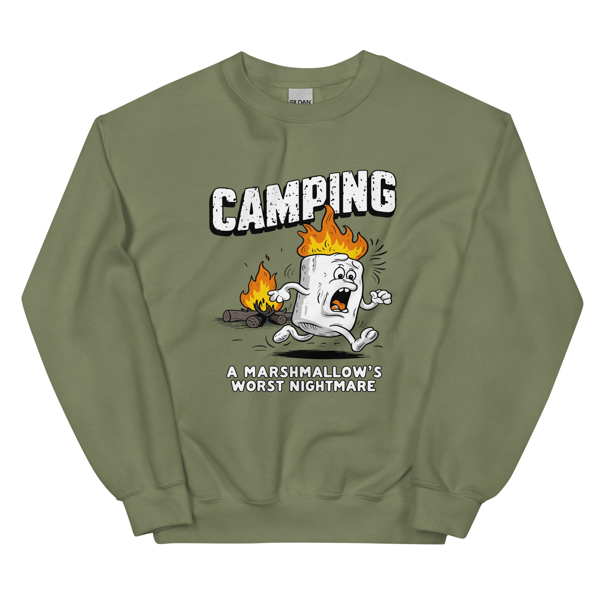 Camping a marshmellow's worst nightmare printed crewneck sweatshirt by Whistler Shirt with marshmellow running away from fire