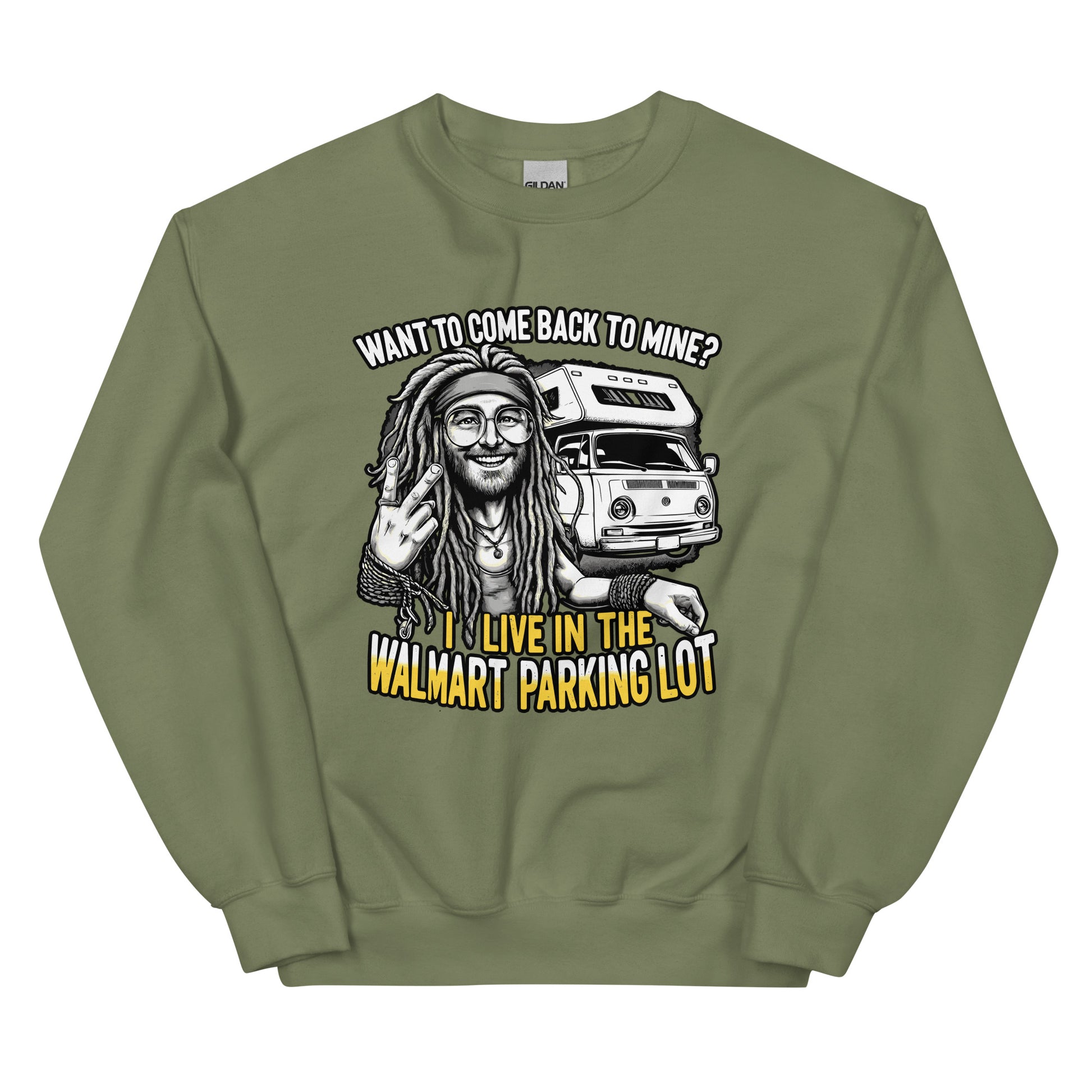 Want to come back to mine I live in the Walmart parking lot with man with dreads and camper van design printed on crewneck sweatshirt by whistler shirts