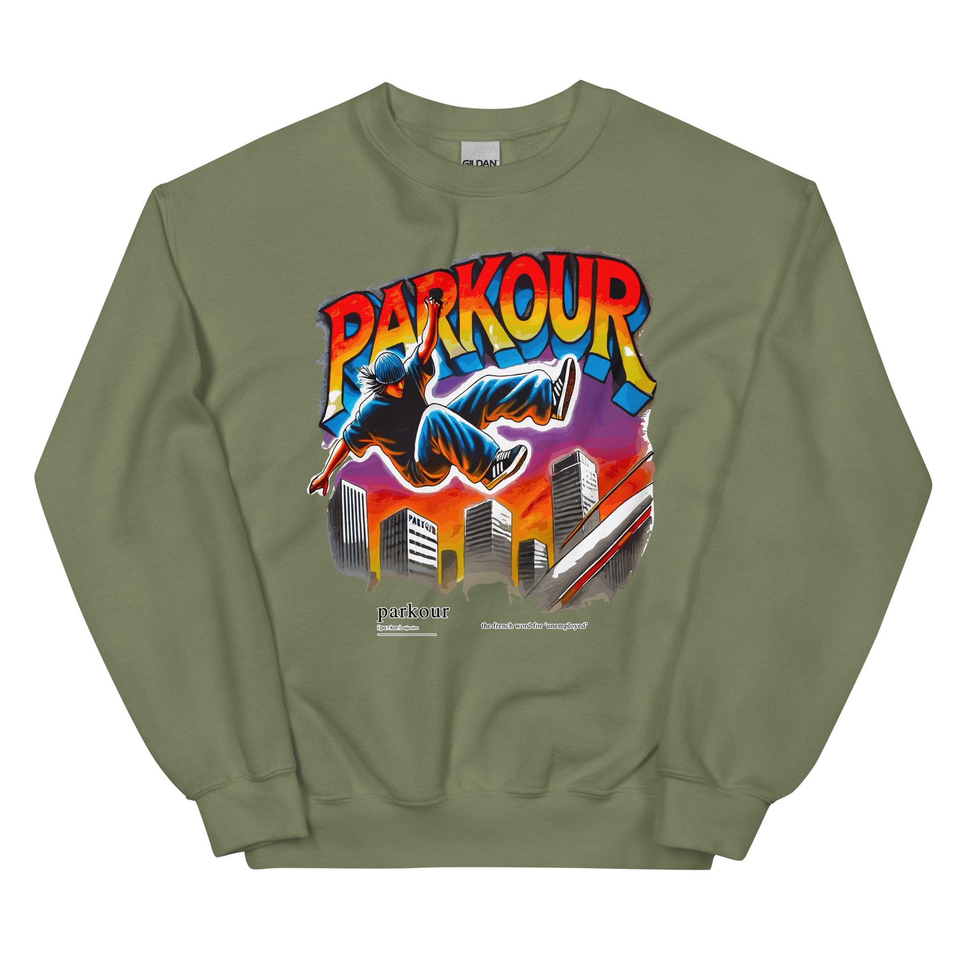 Parkour is French for unemployment design printed on a crewneck sweatshirt by Whistler Shirts