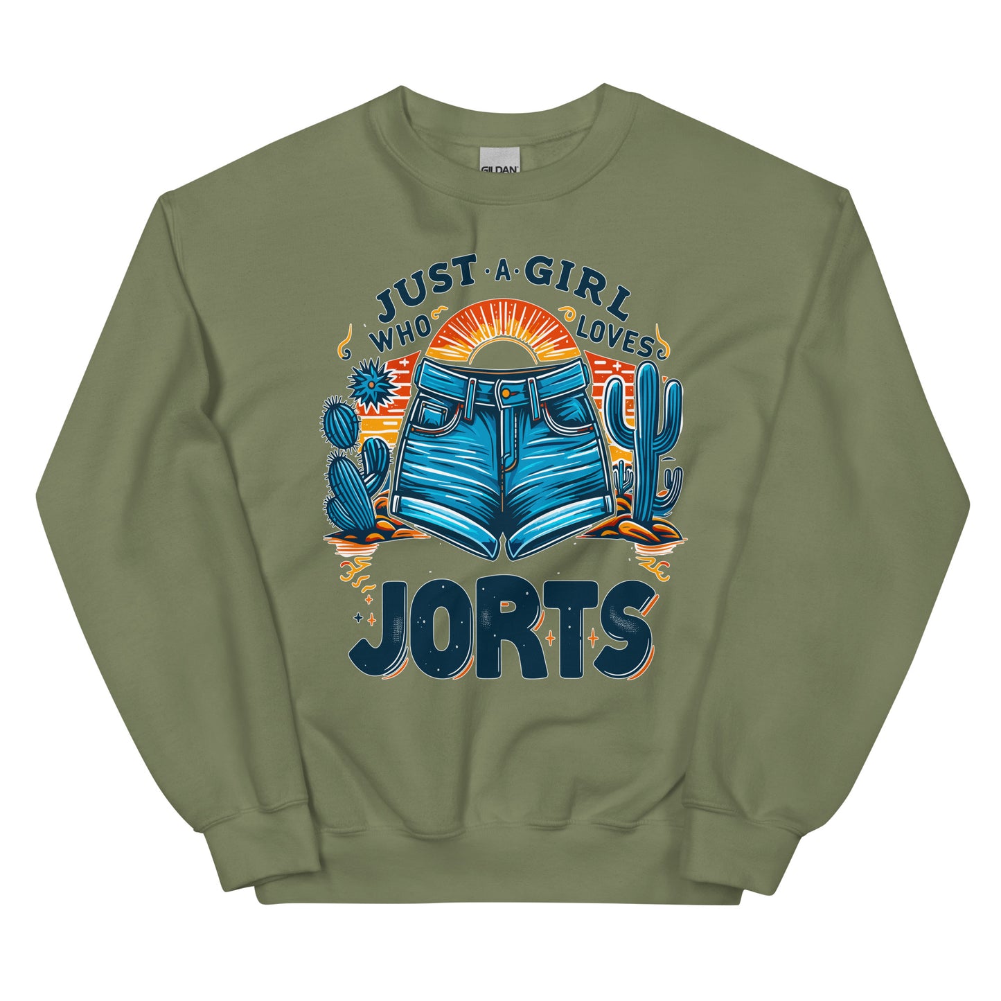 Just A Girl Who Loves Jorts design with a picture of jean shorts and cactus printed on a crewneck sweatshirt by Whistler Shirts