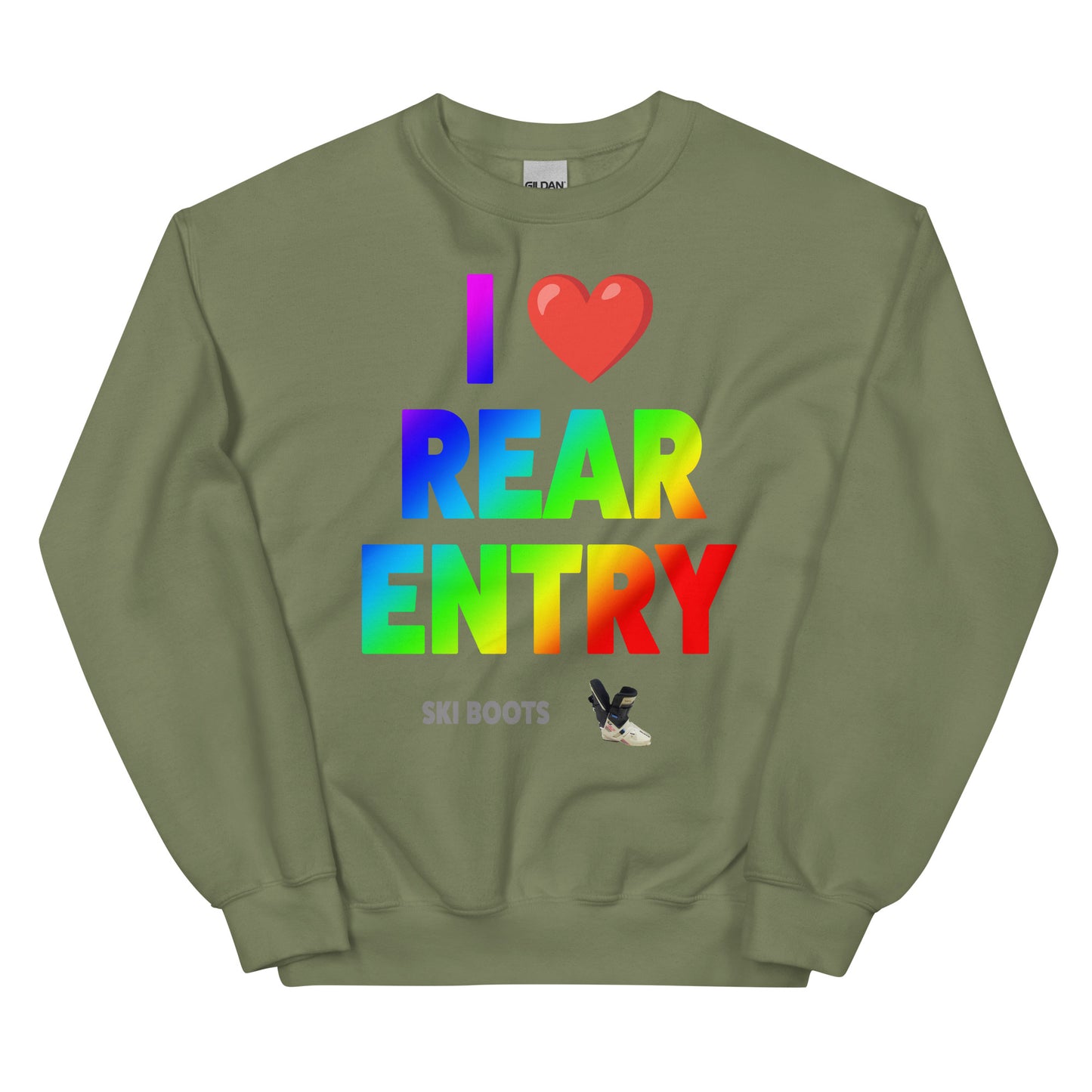 I Love Rear Entry Ski Boots design printed on Crewneck Sweatshirt by Whistler Shirts