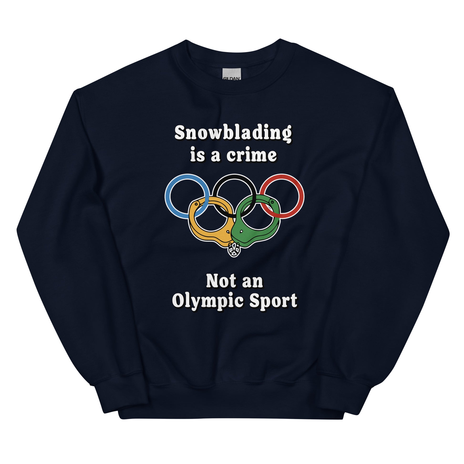 Snowblading is a crime, not an olympic sport design printed on a crewneck sweatshirt by Whistler Shirts