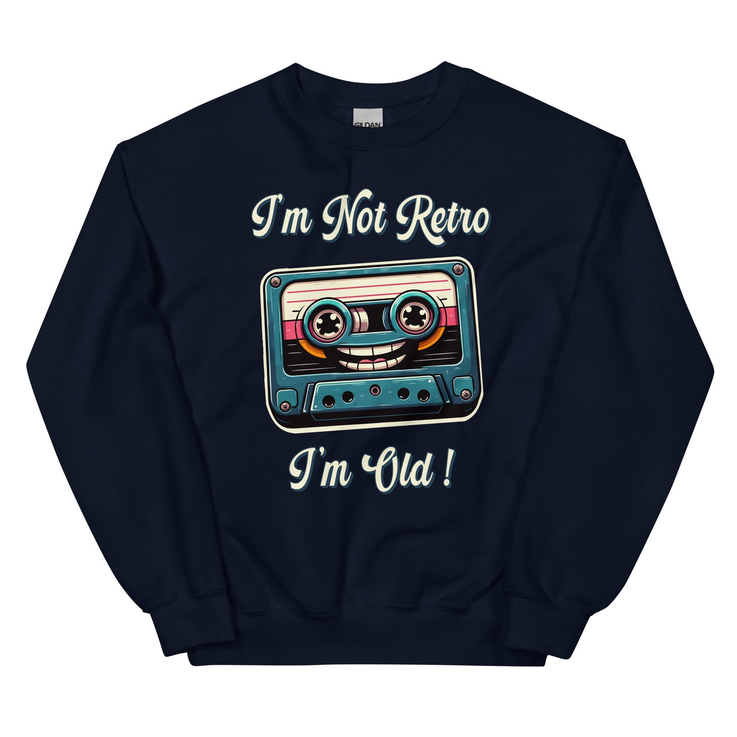 I'm not retro I'm old with picture of a cassette tape smiling printed crewneck by Whistler Shirts