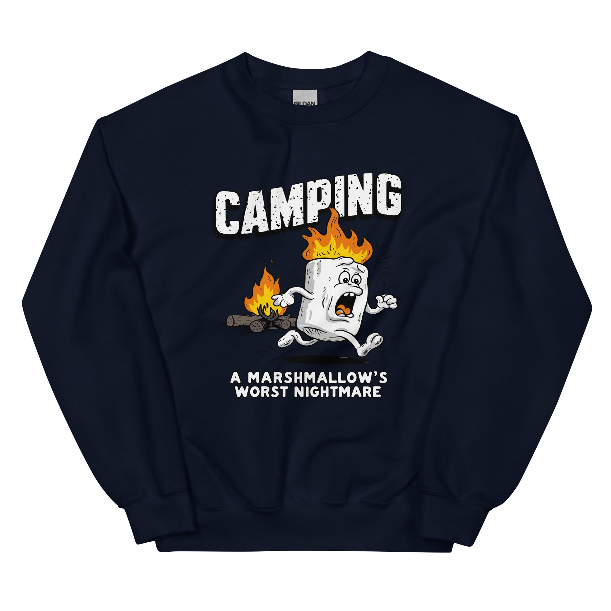 Camping a marshmellow's worst nightmare printed crewneck sweatshirt by Whistler Shirt with marshmellow running away from fire