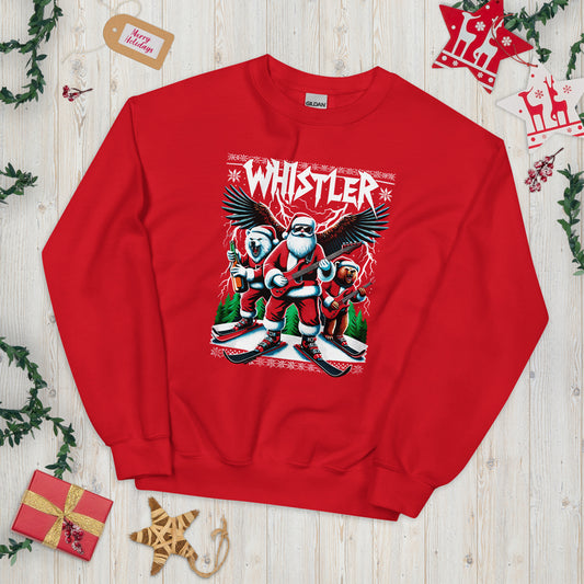 Santa skiing with electric guitar in Whistler ugly christmas sweater, printed by Whistler Shirts