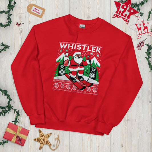 Skiing santa raving in Whistler, printed ugly christmas sweater by Whistler Shirts