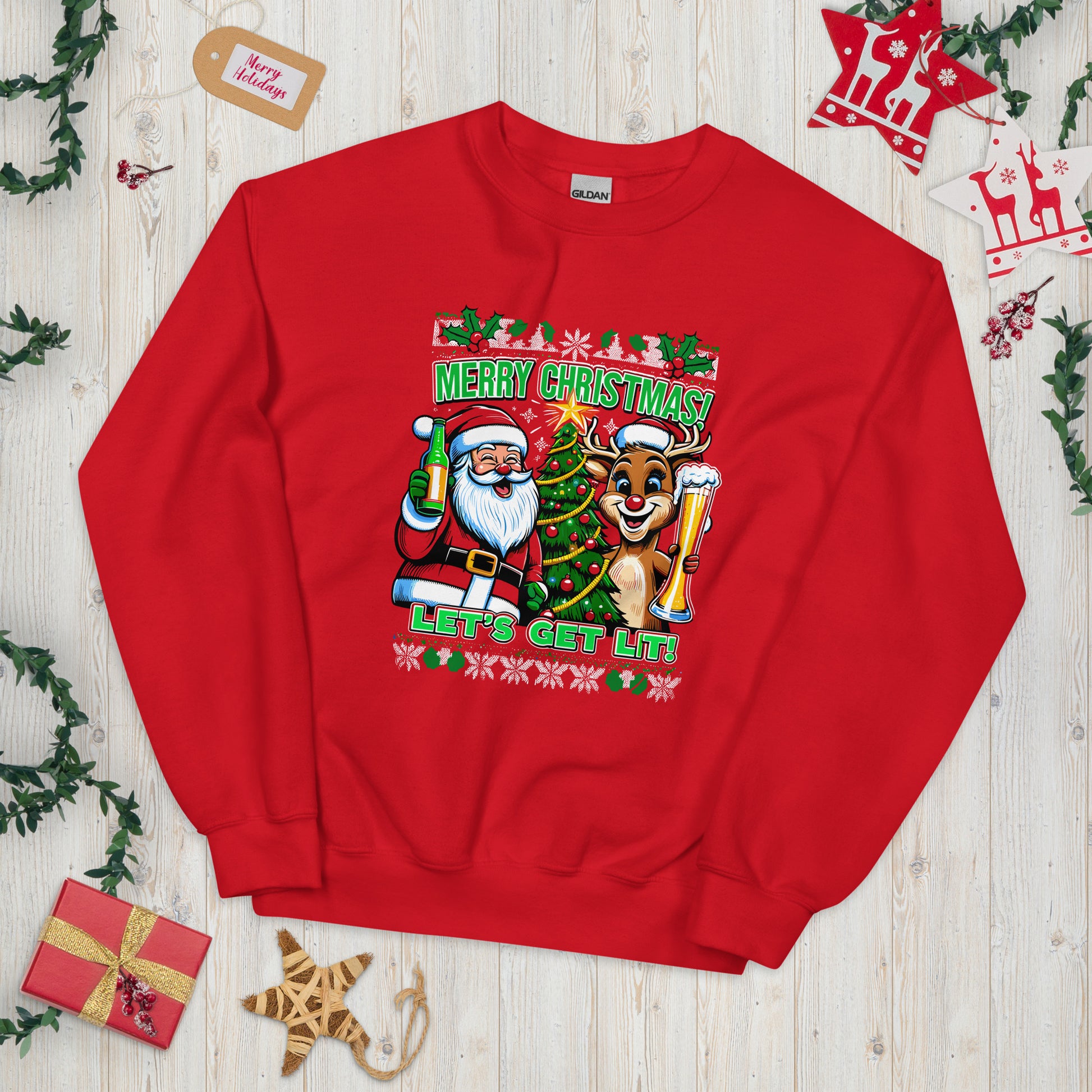 Merry Christmas lets get lit with santa and rudolf printed ugly christmas sweater by Whistler Shirts