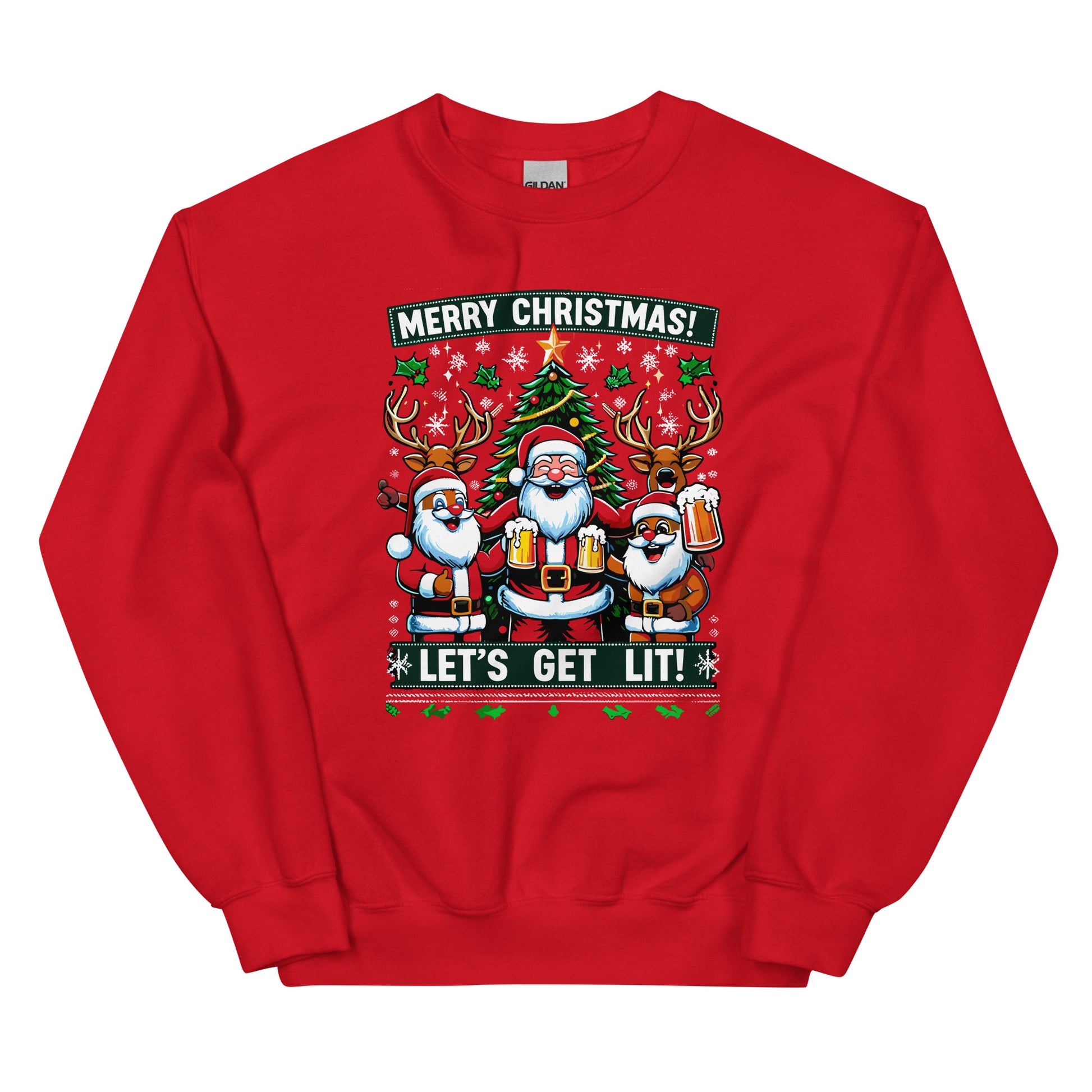 Merry Christmas lets get lit with santa printed ugly christmas sweater by Whistler Shirts