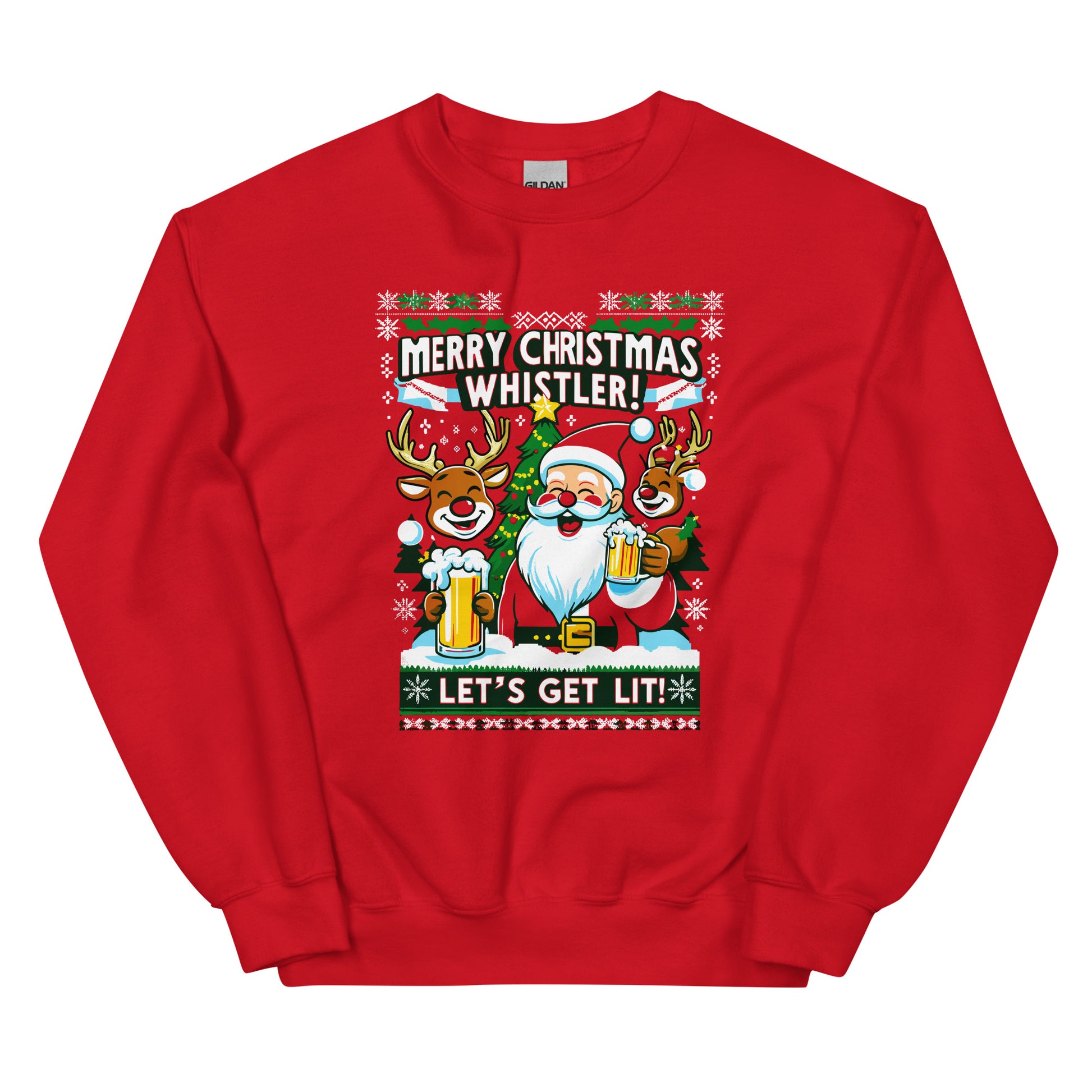 Merry Ciristmas Whistler lets get lit with santa printed ugly christmas sweater by whistler shirts