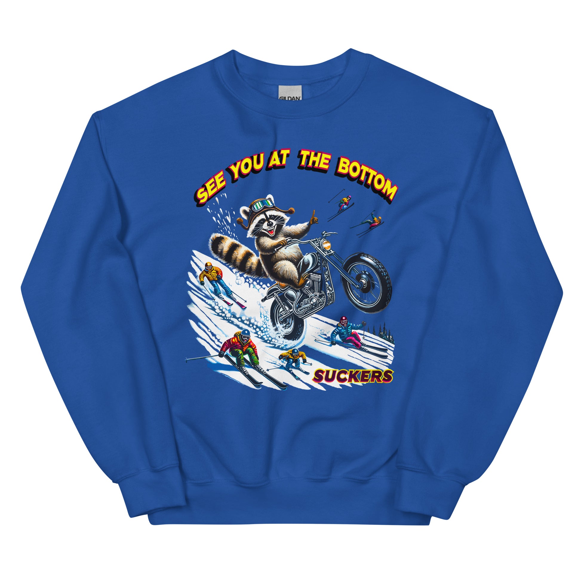 See you at the bottom suckers, racoon biking down the mountain printed crewneck sweatshirt by Whistler Shirts