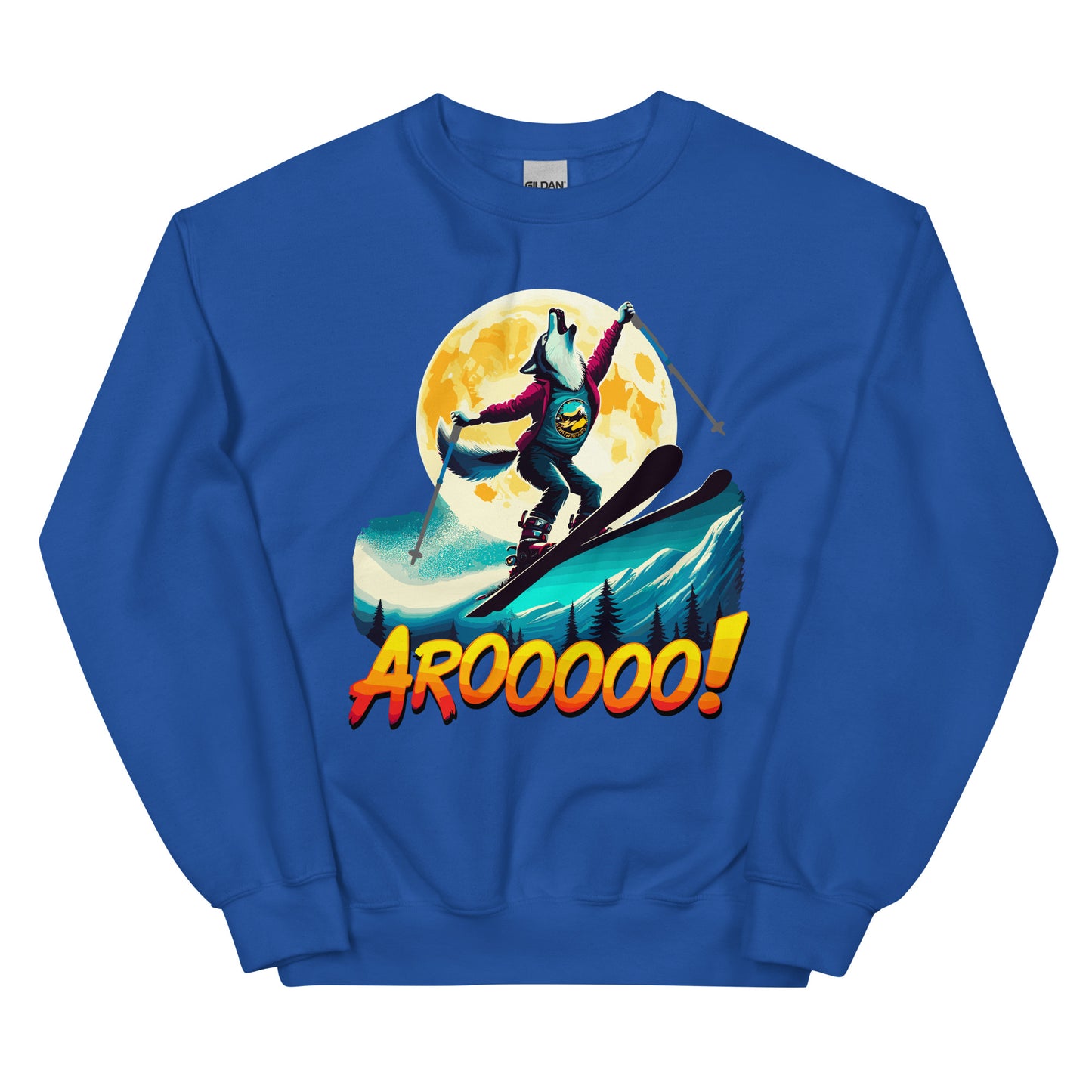 AROOO! Wolf doing a ski jump in front of a full moon printed on a crewneck sweatshirt by Whistler Shirts