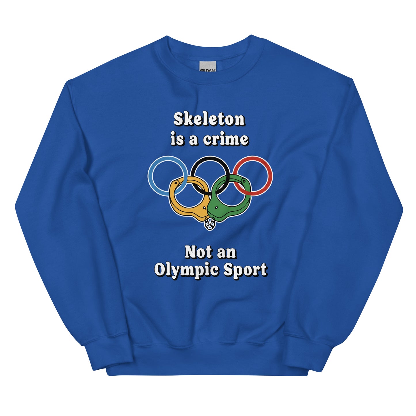 Skeleton is a crime not an olympic sport design printed on a crewneck sweatshirt by Whistler Shirts